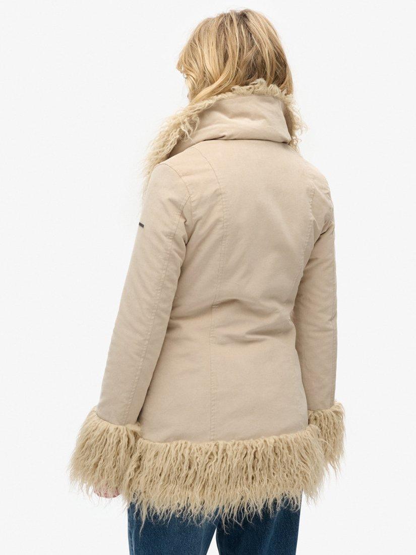 Product image 2 of 5, which shows Superdry Faux Fur Lined Afghan Coat, Stone Wash Taupe, 8