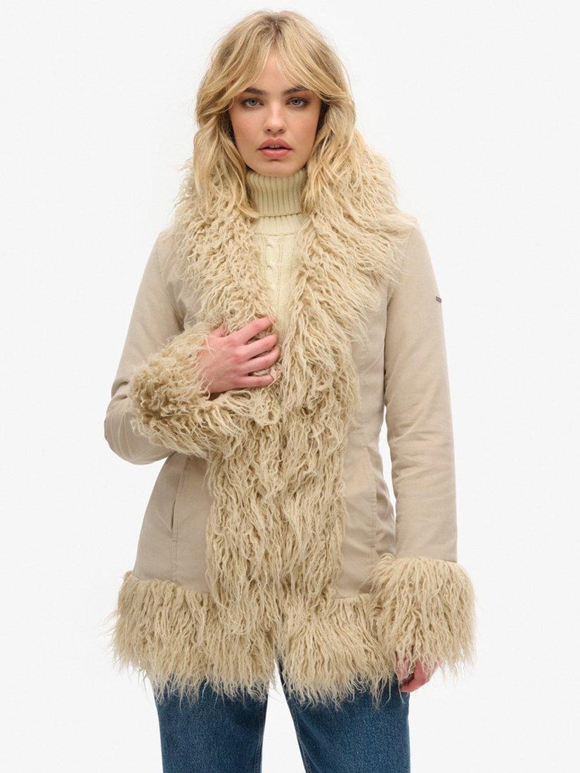 Product image 3 of 5, which shows Superdry Faux Fur Lined Afghan Coat, Stone Wash Taupe, 8