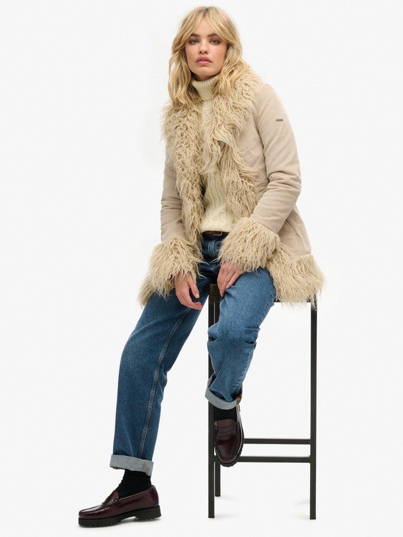 Product image 4 of 5, which shows Superdry Faux Fur Lined Afghan Coat, Stone Wash Taupe, 8