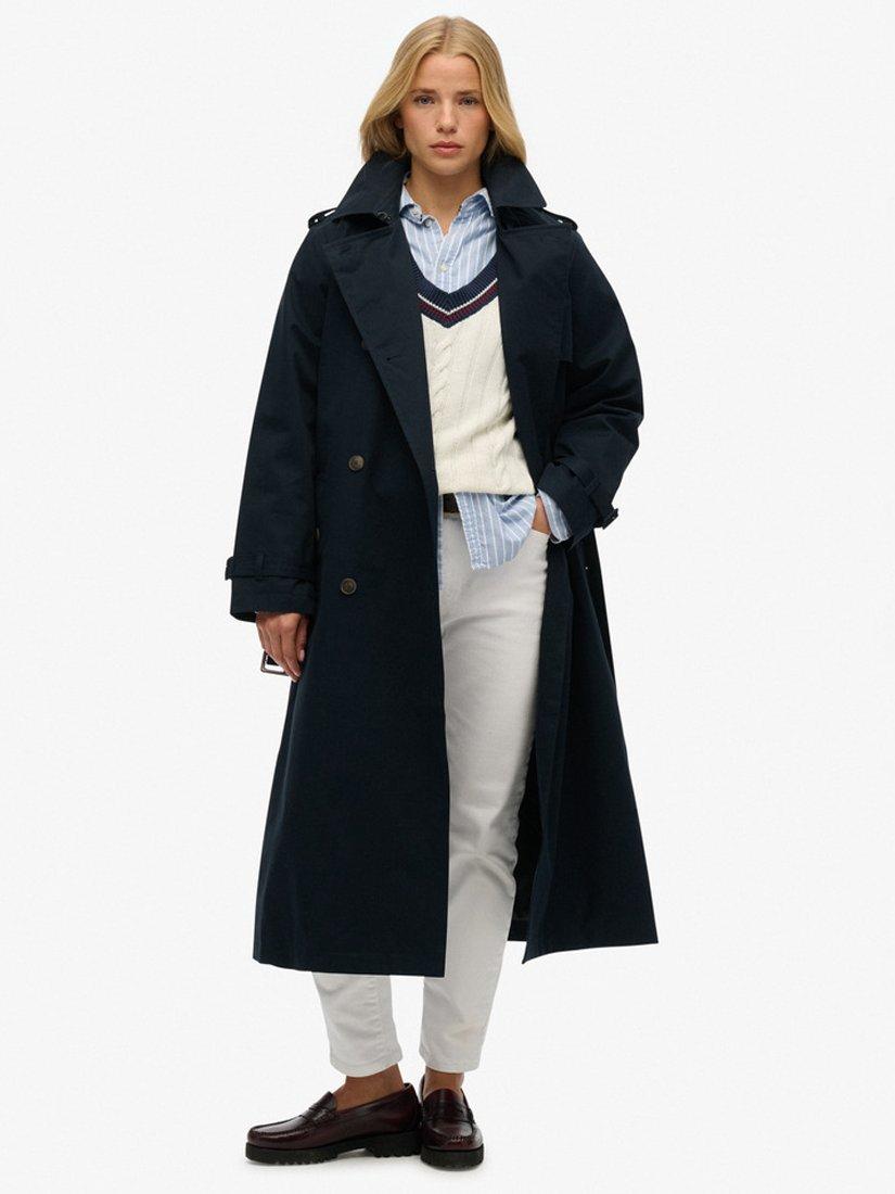 Product image 1 of 5, which shows Superdry Classic Longline Cotton Blend Trench Coat, Eclipse Navy, 8