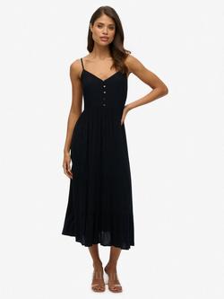 Superdry Half Button Tiered Midi Dress, Black, Black