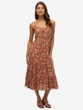 Superdry Half Button Tiered Midi Dress, Brown