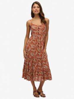 Superdry Half Button Tiered Midi Dress, Brown, Brown