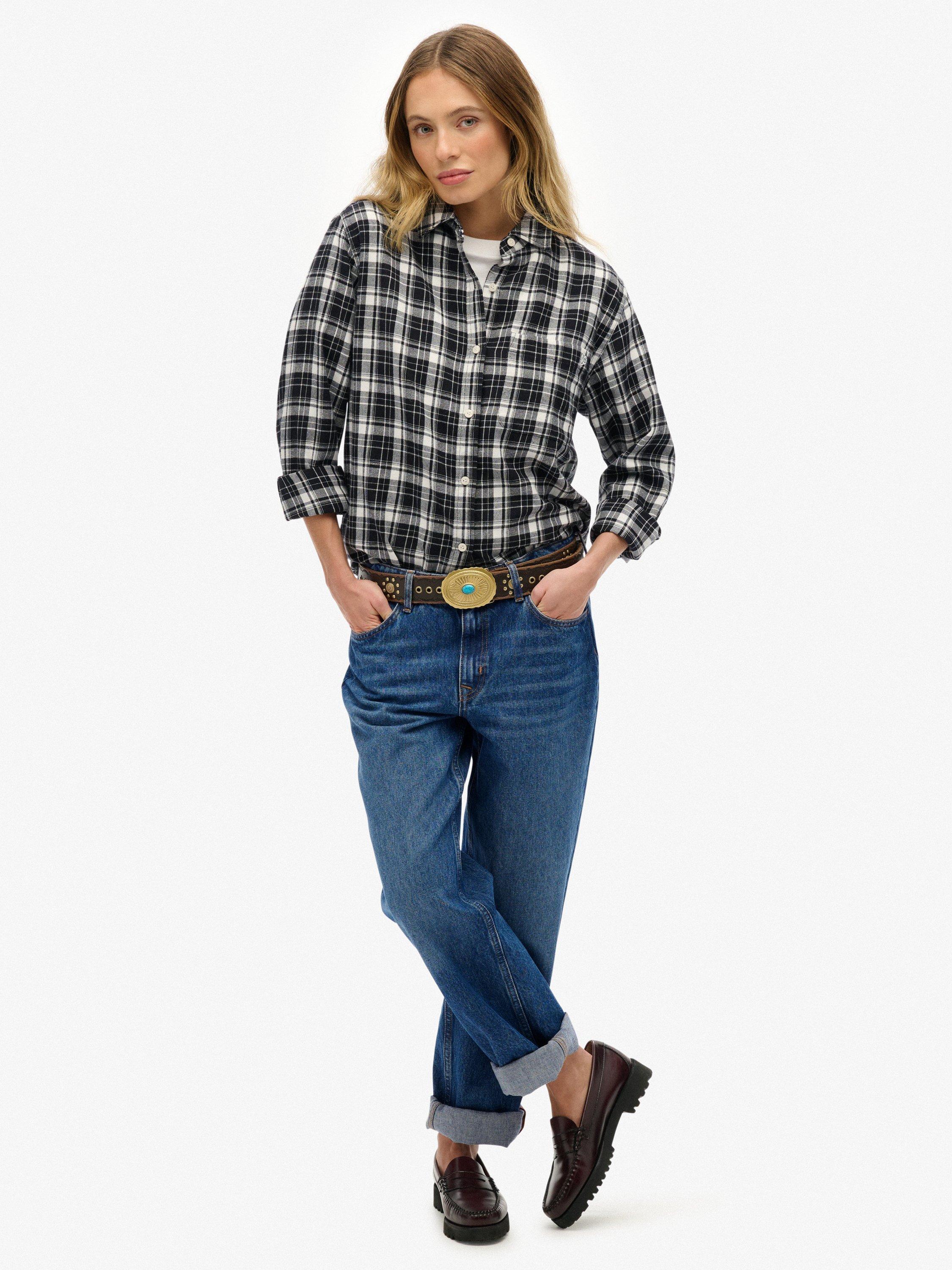 Product image 3 of 5, which shows Superdry Check Flannel Boyfriend Shirt, Black/Ecru, 8