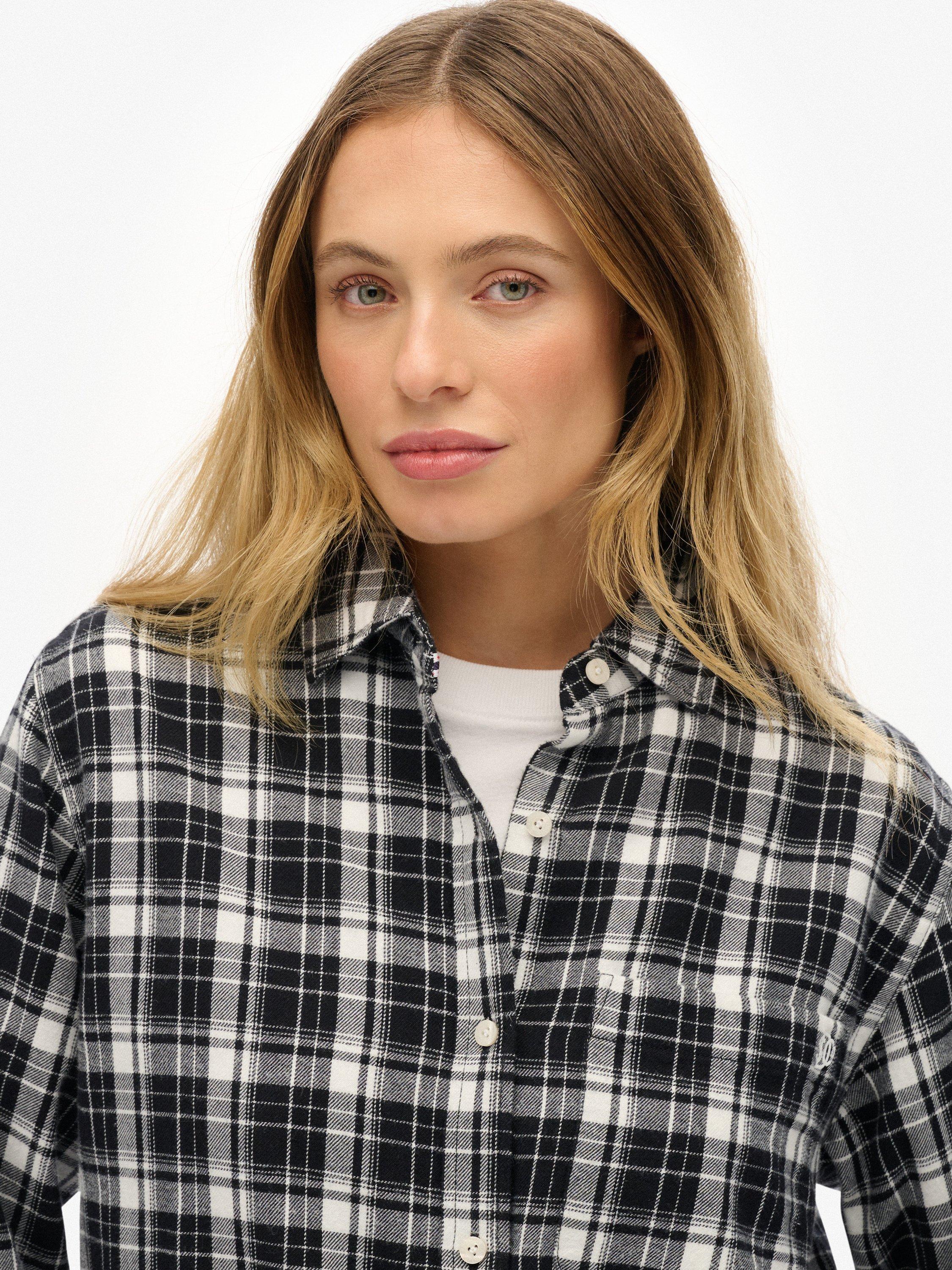 Product image 4 of 5, which shows Superdry Check Flannel Boyfriend Shirt, Black/Ecru, 8