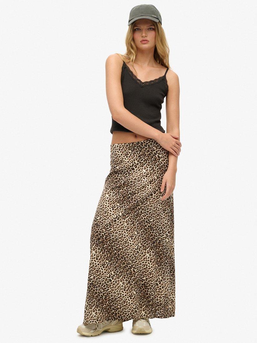 Superdry Column Animal Print Maxi Skirt, Brown