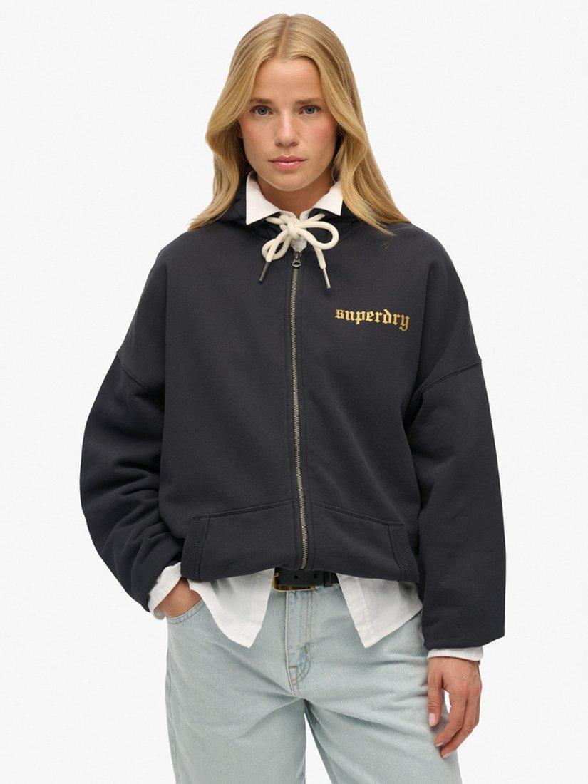 Product image 1 of 5, which shows Superdry Old School Tattoo Oversized Zip Hoodie, Washed Black, 8