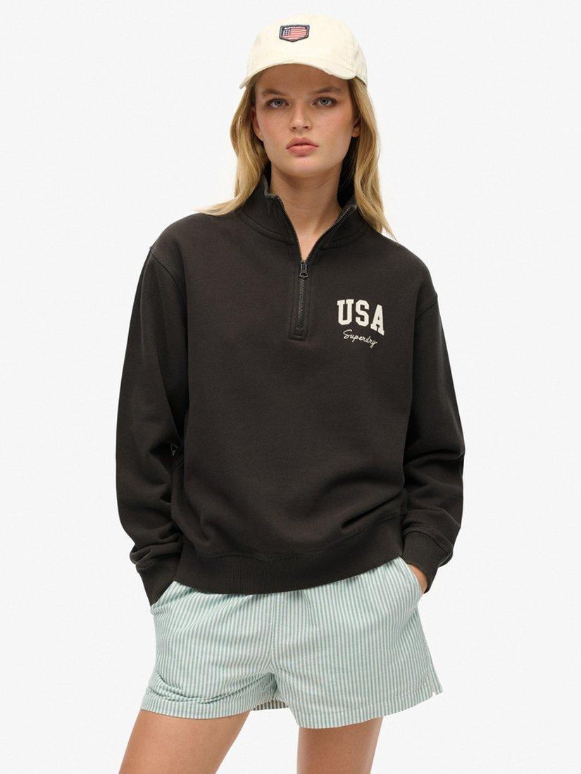 Product image 1 of 4, which shows Superdry Athletic Essentials Loose Fit Half Zip Body-Cotton Jumper, Charcoal, 8