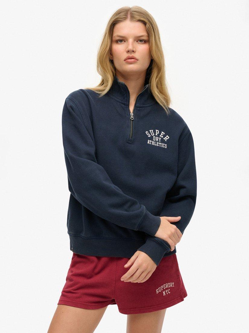 Product image 1 of 4, which shows Superdry Athletic Essentials Loose Fit Half Zip Body-Cotton Jumper, Nautical Navy, 8