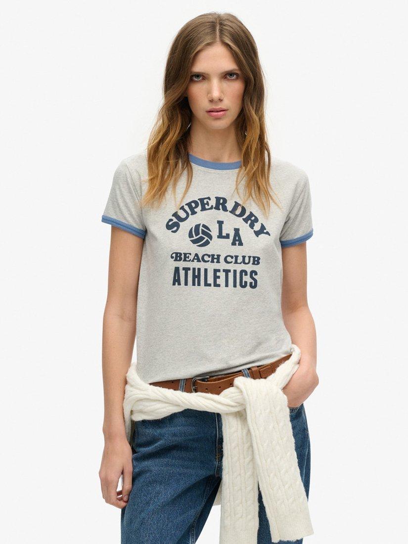 Superdry Athletic Essentials Collection Ringer Beach Graphic T-Shirt, Grey Marl