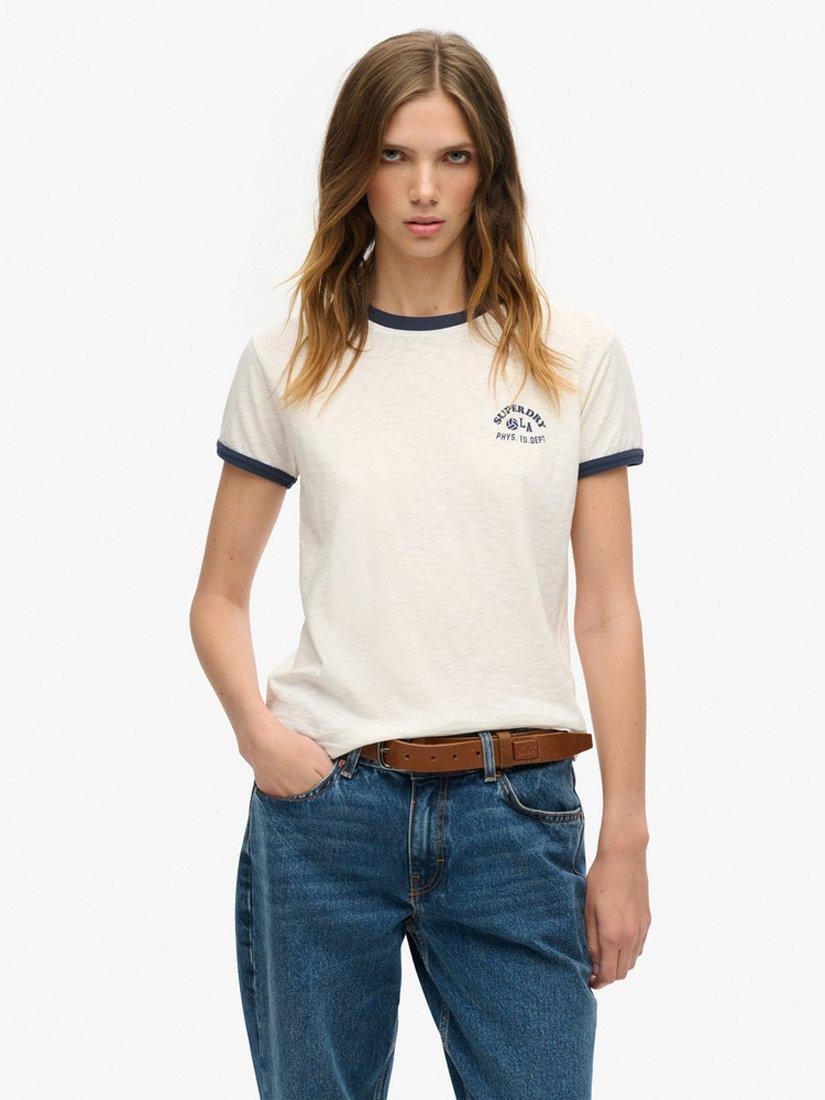 Product image 1 of 6, which shows Superdry Athletic Essentials Beach Graphic Fitted Ringer T-Shirt, Off White, 8