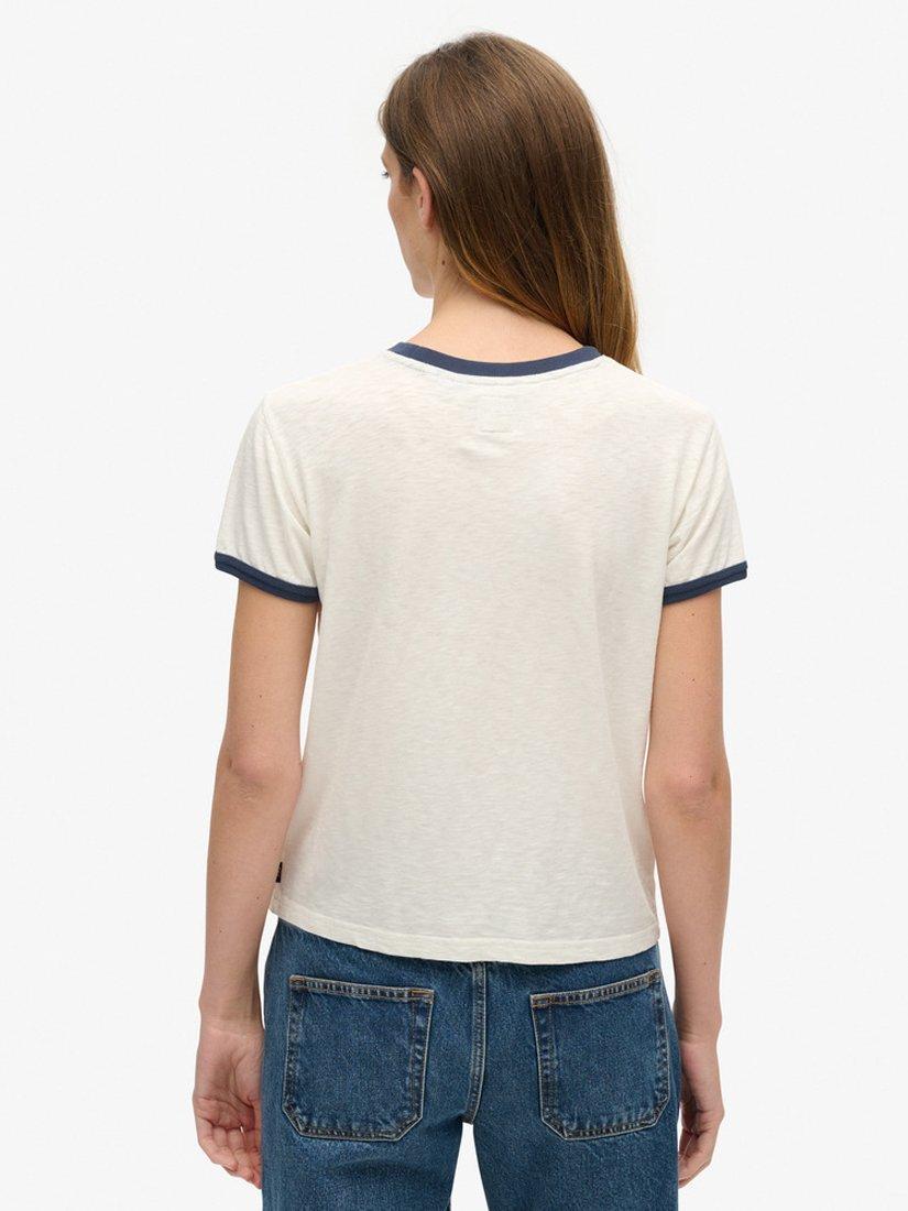 Product image 2 of 6, which shows Superdry Athletic Essentials Beach Graphic Fitted Ringer T-Shirt, Off White, 8