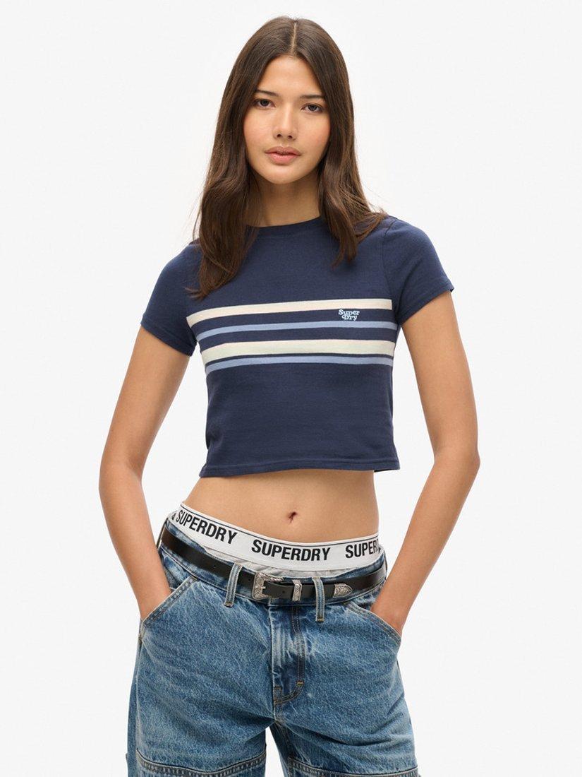 Product image 1 of 5, which shows Superdry Vintage Stripe Crop T-Shirt, Preppy Navy/Multi, 8