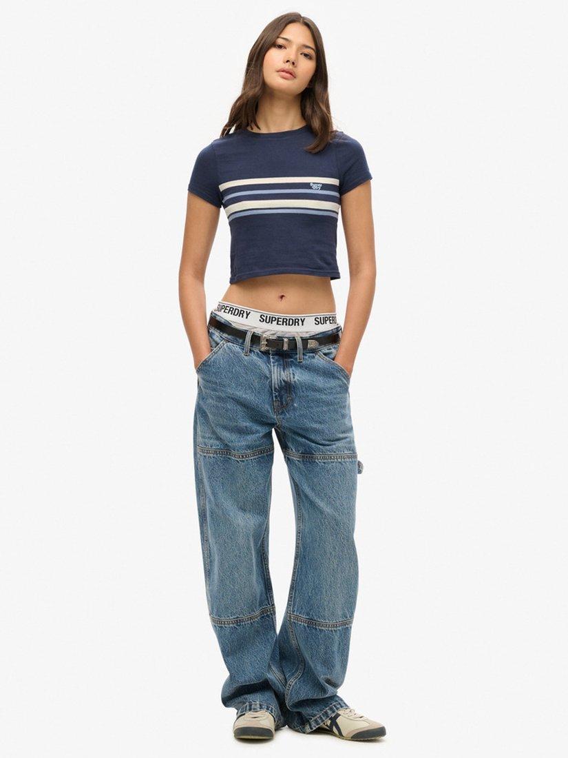 Product image 3 of 5, which shows Superdry Vintage Stripe Crop T-Shirt, Preppy Navy/Multi, 8