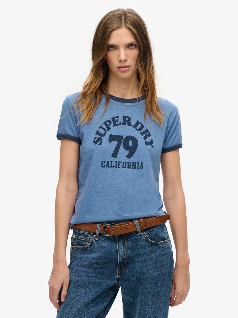 Superdry Athletic Essentials Collection Ringer Beach Graphic T-Shirt, Wedgewood Blue