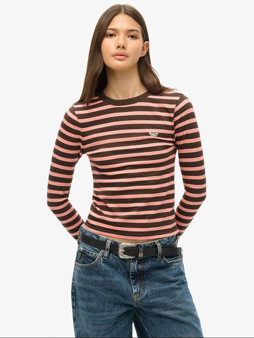 Product image 1 of 4, which shows Superdry Stripe Long Sleeve Top, Dark Brown/Multi, 8