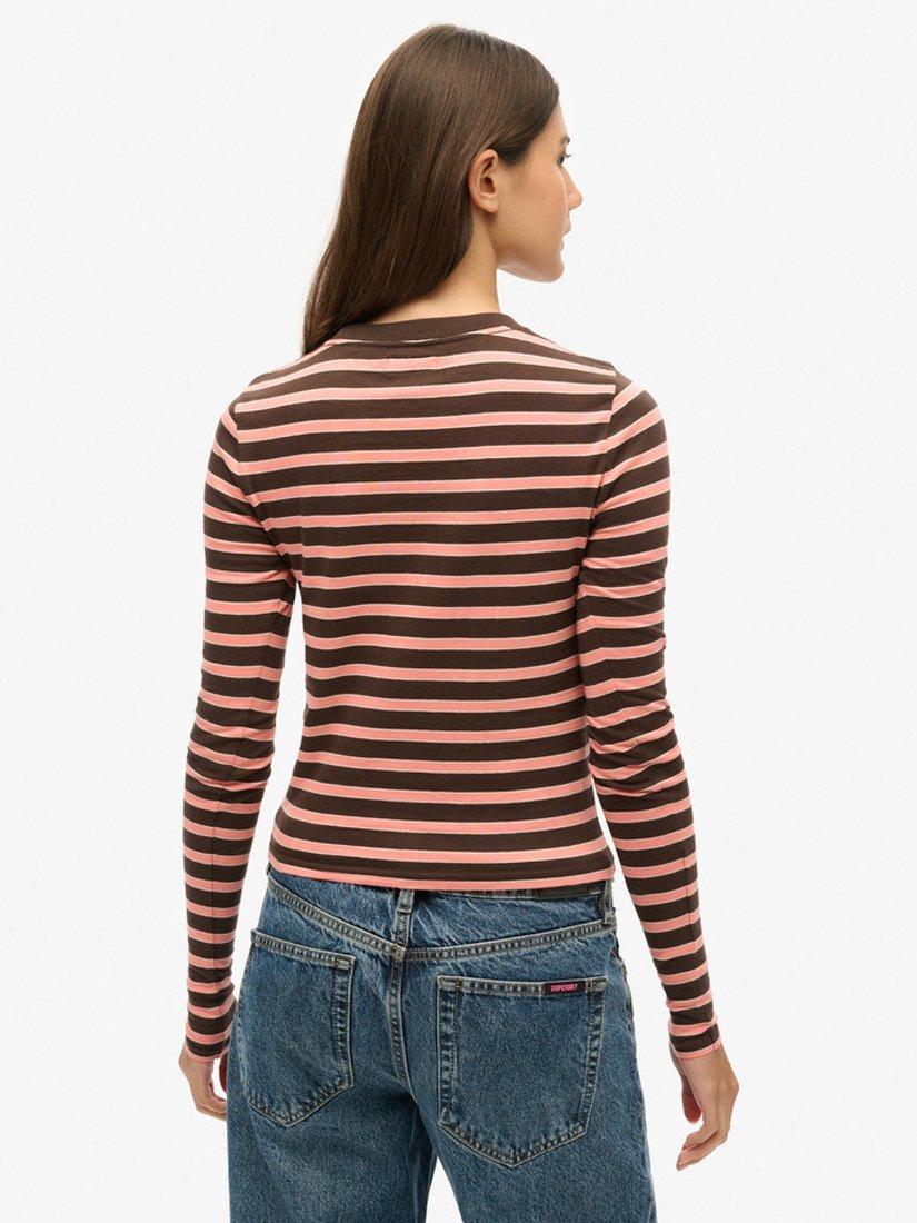 Product image 2 of 4, which shows Superdry Stripe Long Sleeve Top, Dark Brown/Multi, 8