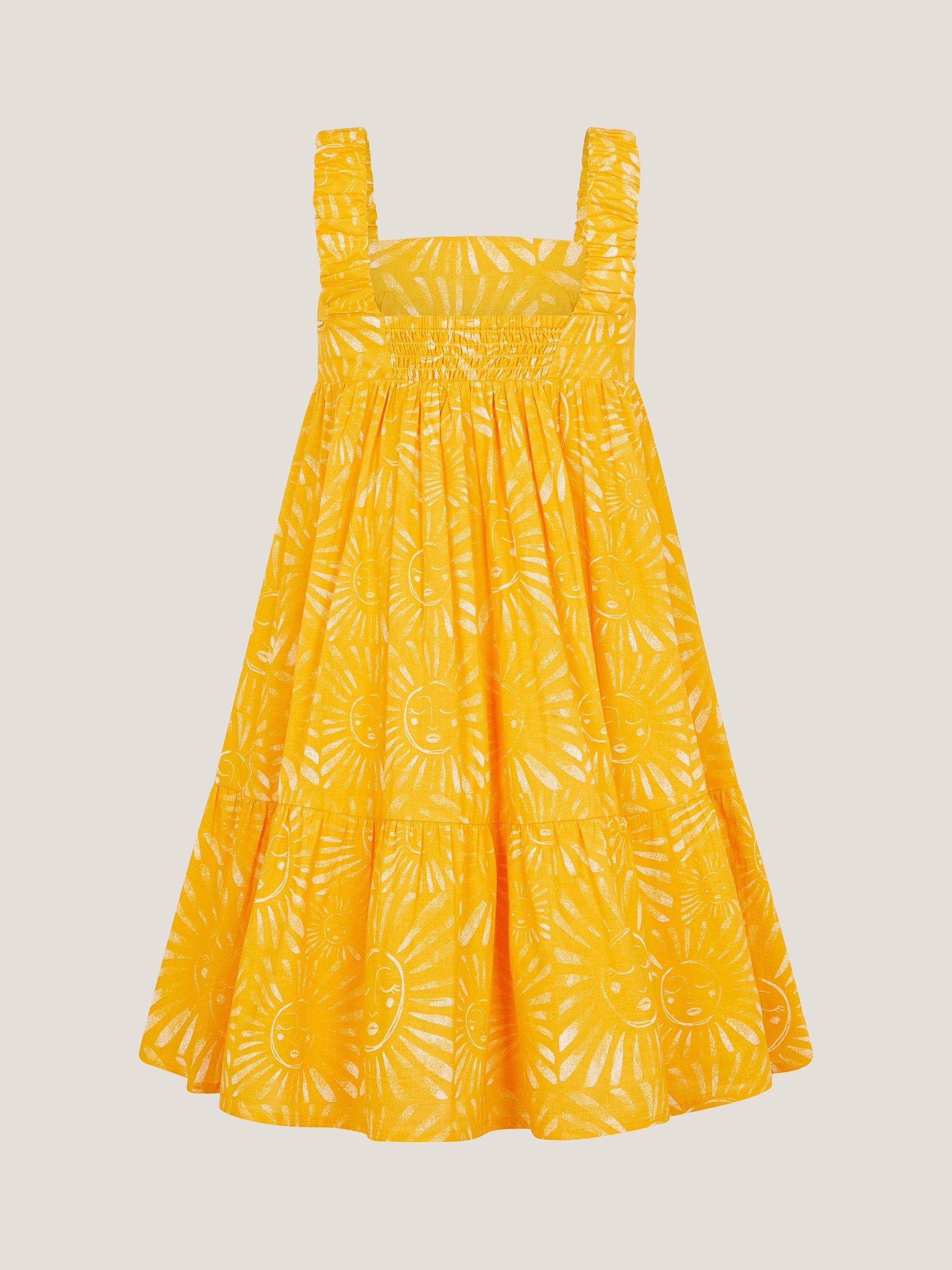 Product image 2 of 4, which shows Monsoon Kids' Cotton Sleeveless Sun Print Tier Dress, Yellow, 11 years
