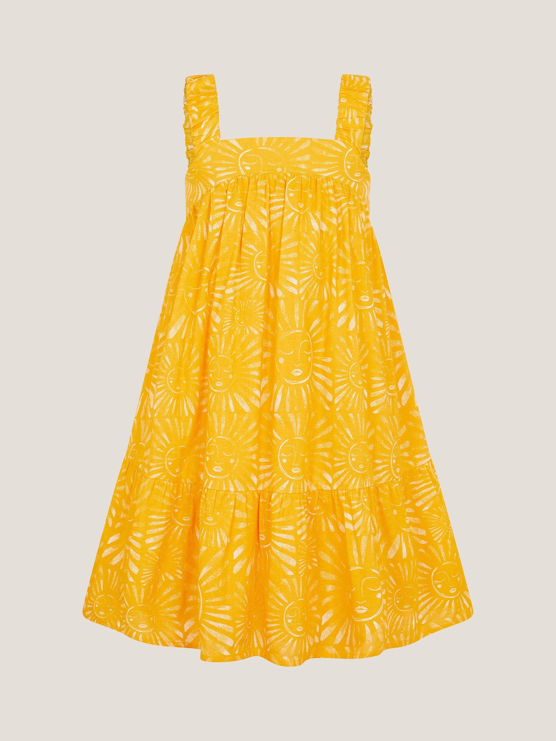 Product image 3 of 4, which shows Monsoon Kids' Cotton Sleeveless Sun Print Tier Dress, Yellow, 11 years