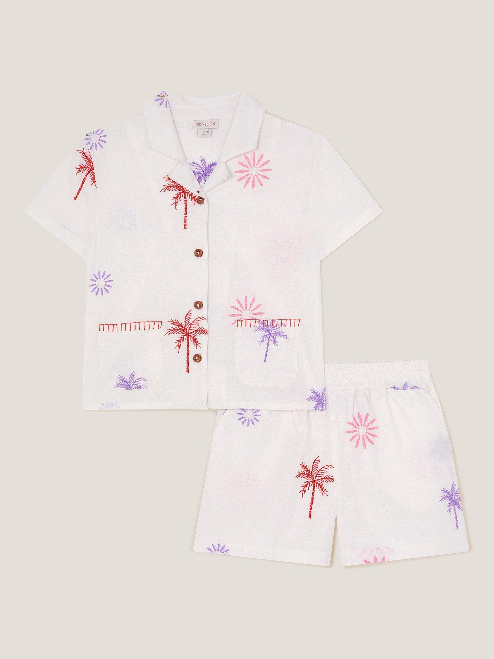 Product image 1 of 3, which shows Monsoon Kids' Cotton Embroidered Palm Tree Shirt and Shorts Set, Ivory, 11 years