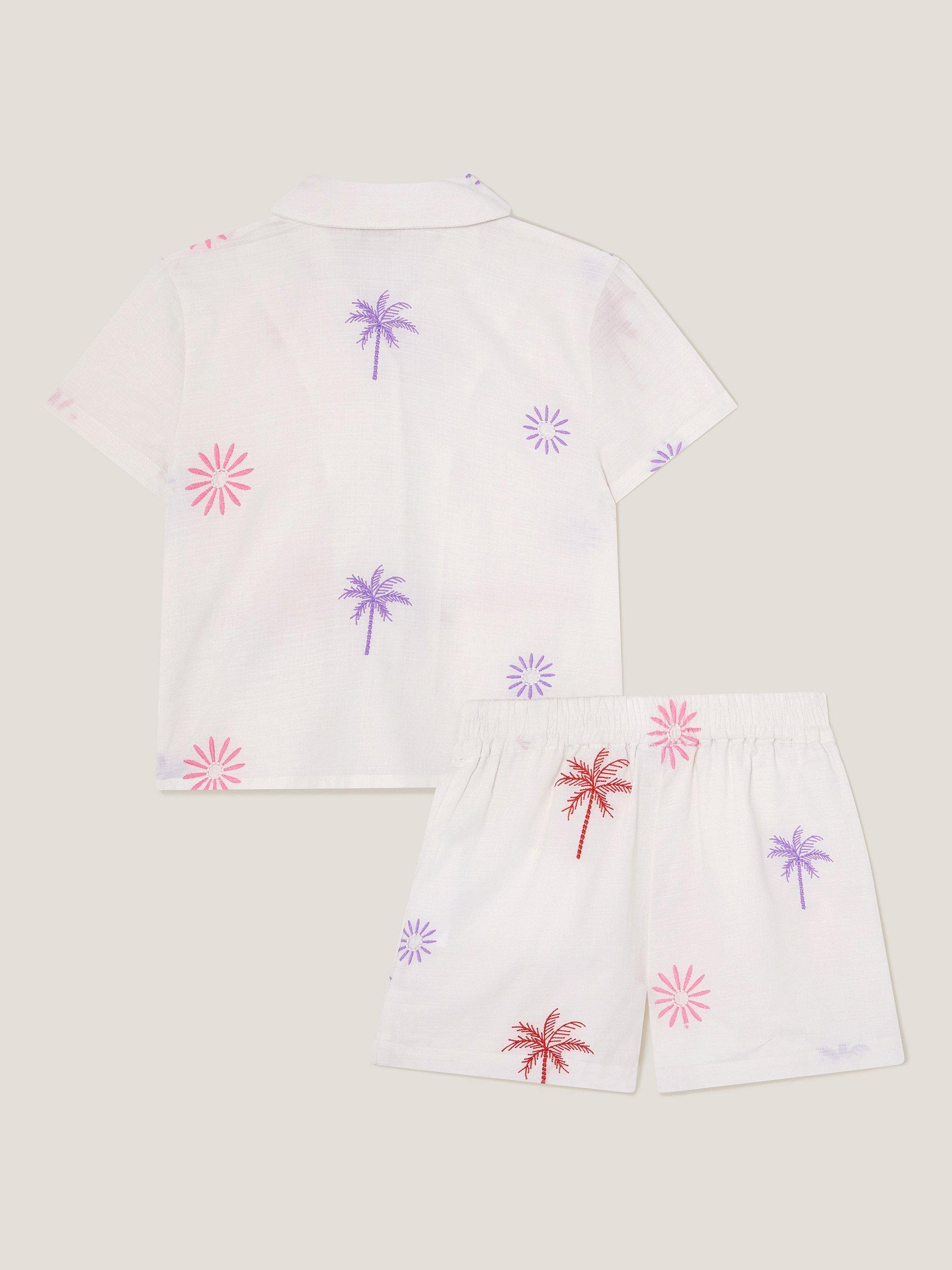 Product image 2 of 3, which shows Monsoon Kids' Cotton Embroidered Palm Tree Shirt and Shorts Set, Ivory, 11 years