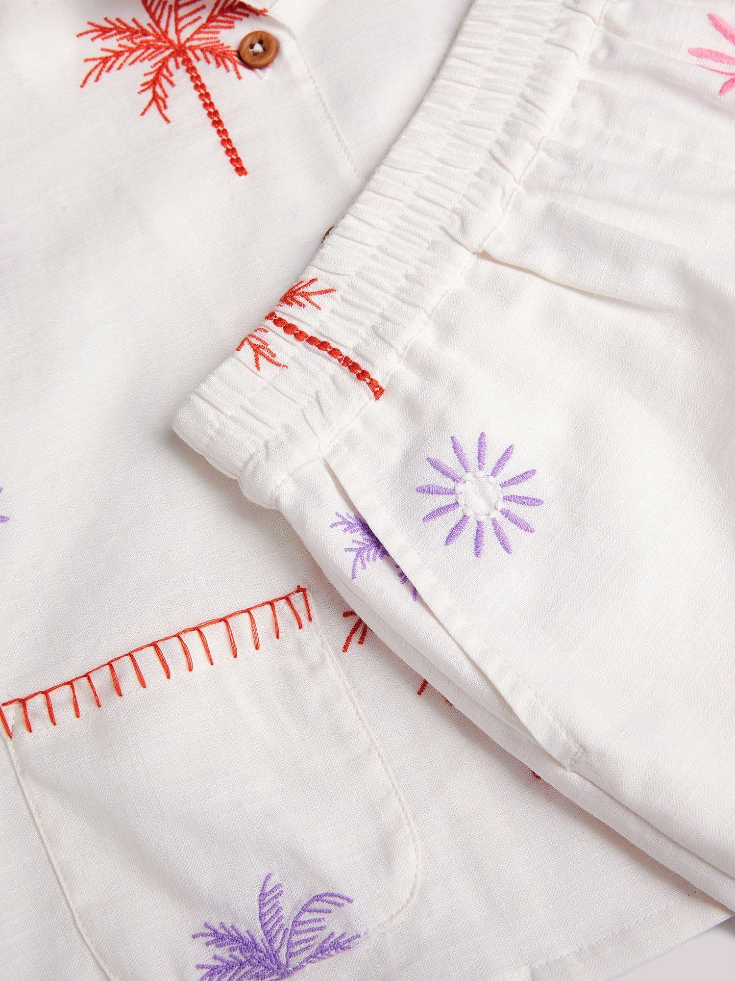 Product image 3 of 3, which shows Monsoon Kids' Cotton Embroidered Palm Tree Shirt and Shorts Set, Ivory, 11 years