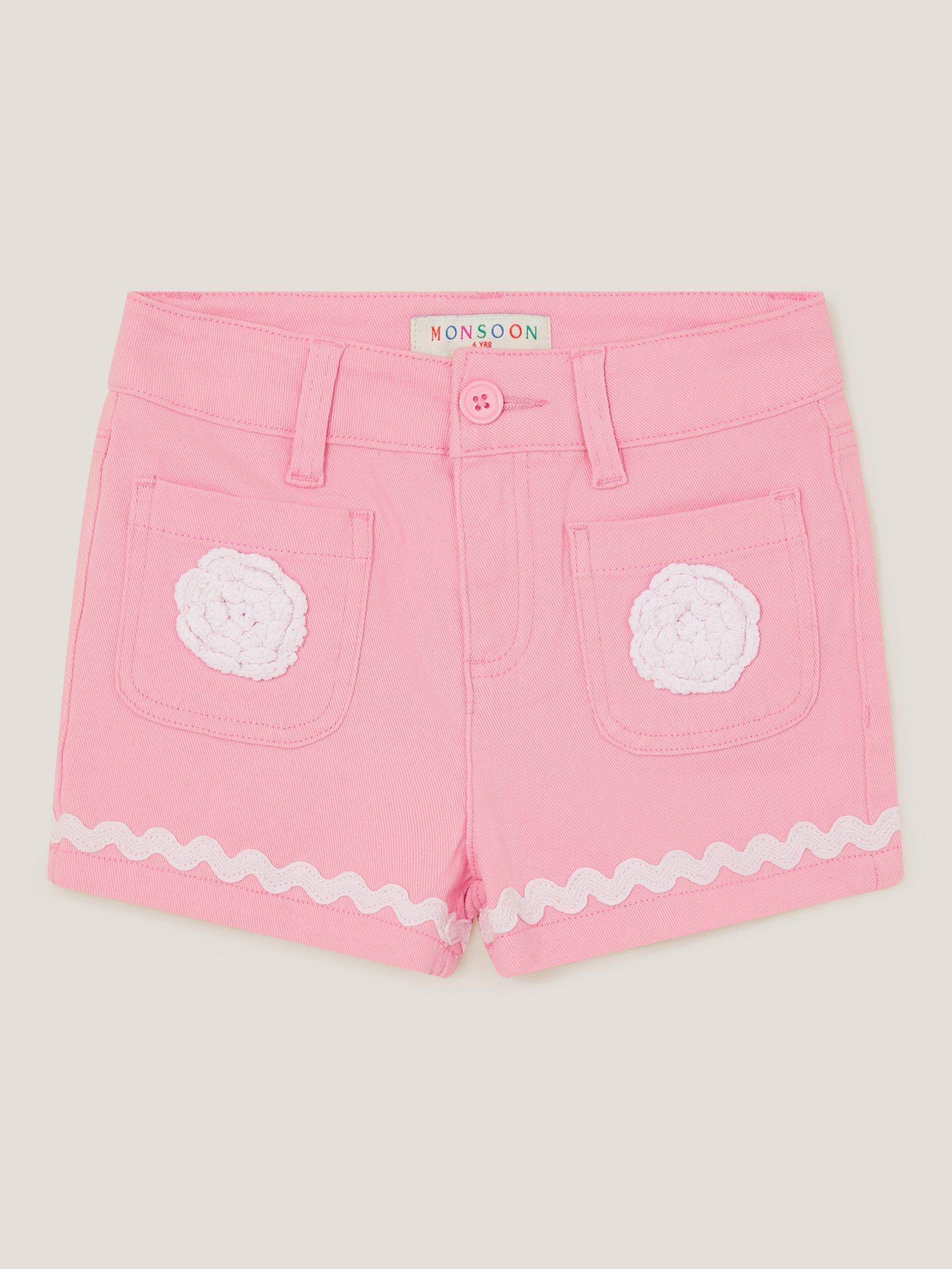Product image 1 of 3, which shows Monsoon Kids' Cotton Embroidered Flower Pocket Shorts, Pink, 11 years