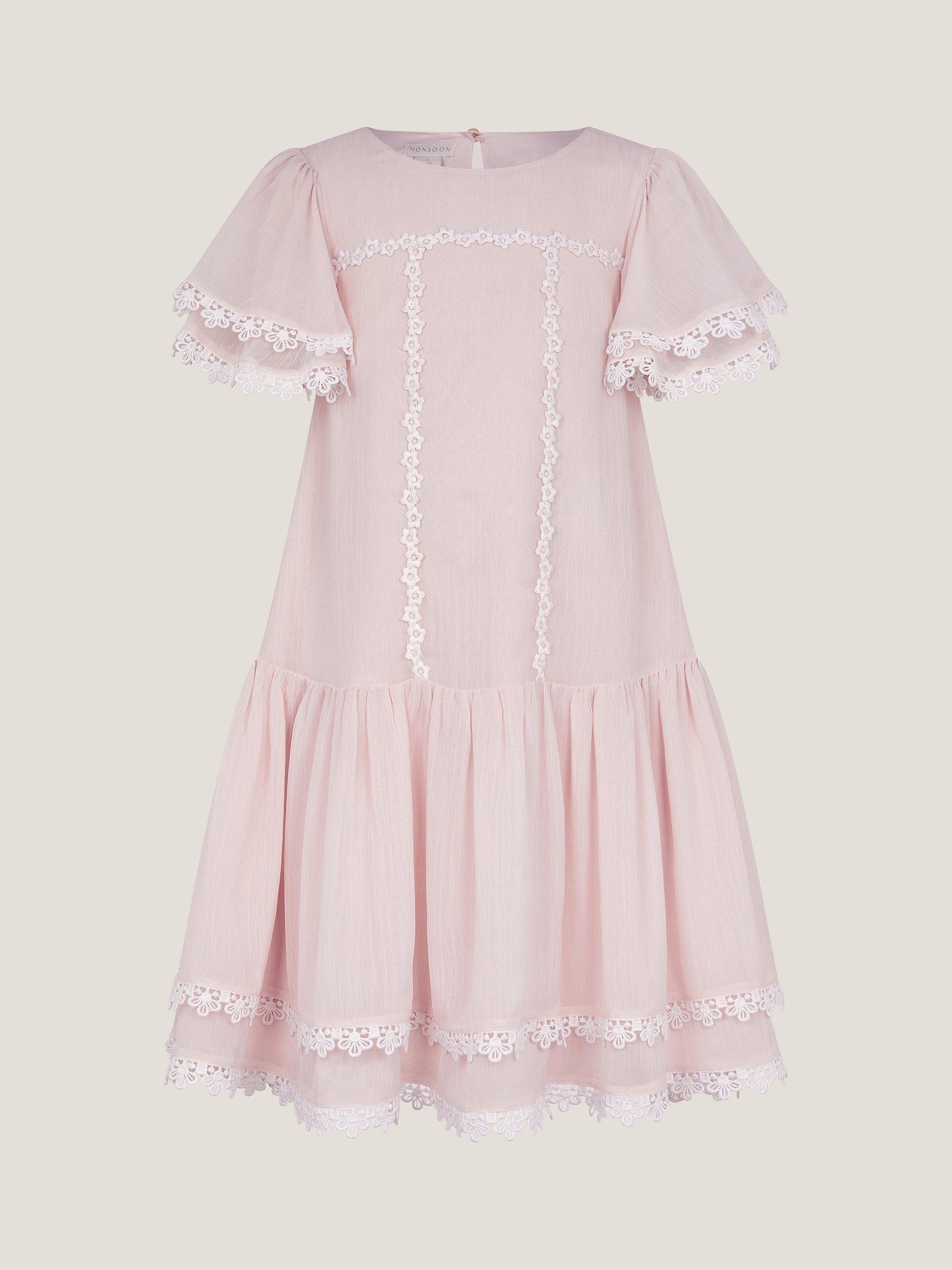 Product image 1 of 3, which shows Monsoon Kids' Antonia Short Sleeved Floral Lace Dress, Pink, 3 years