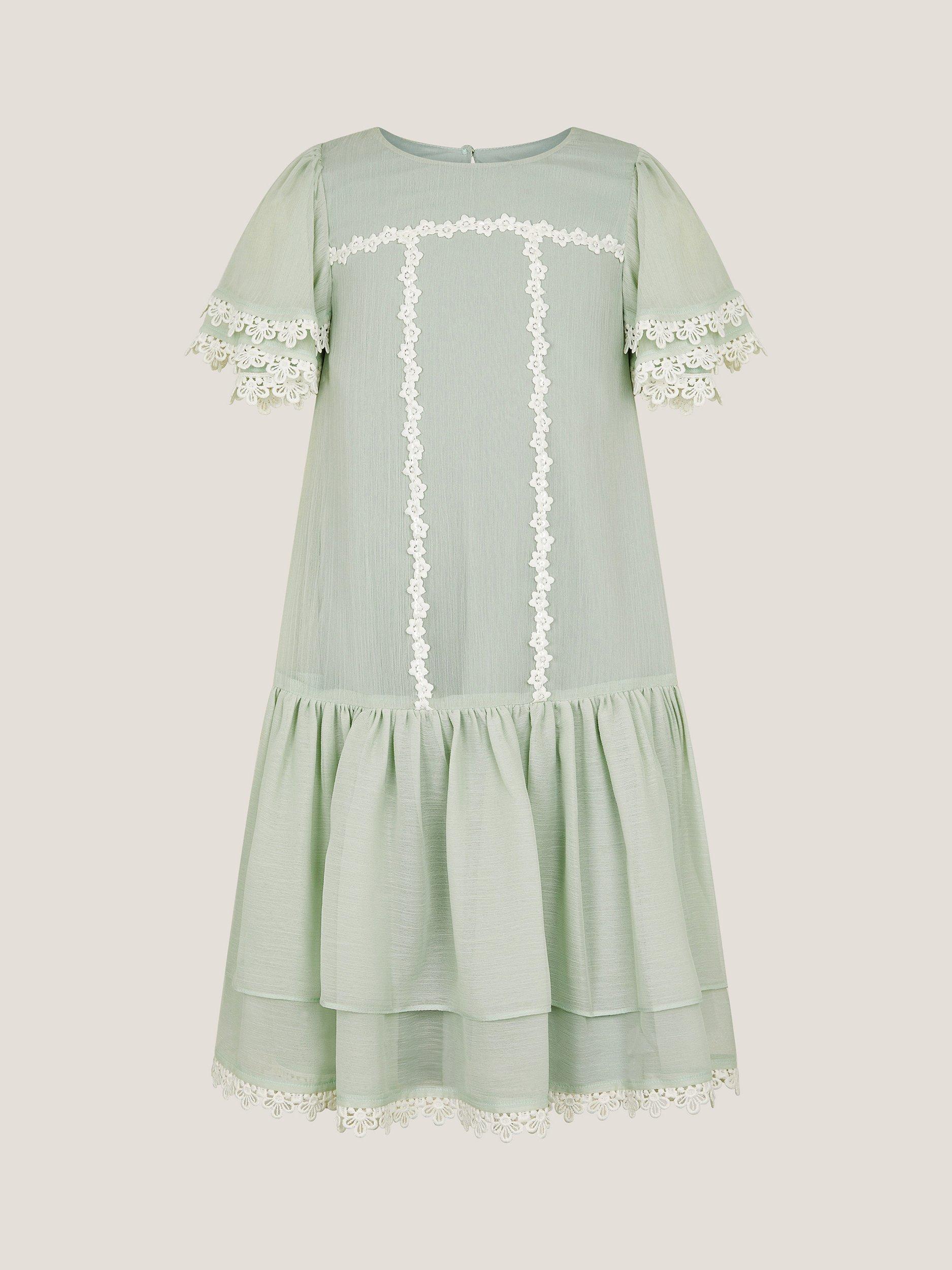 Product image 1 of 3, which shows Monsoon Kids' Antonia Short Sleeved Floral Lace Dress, Sage, 3 years