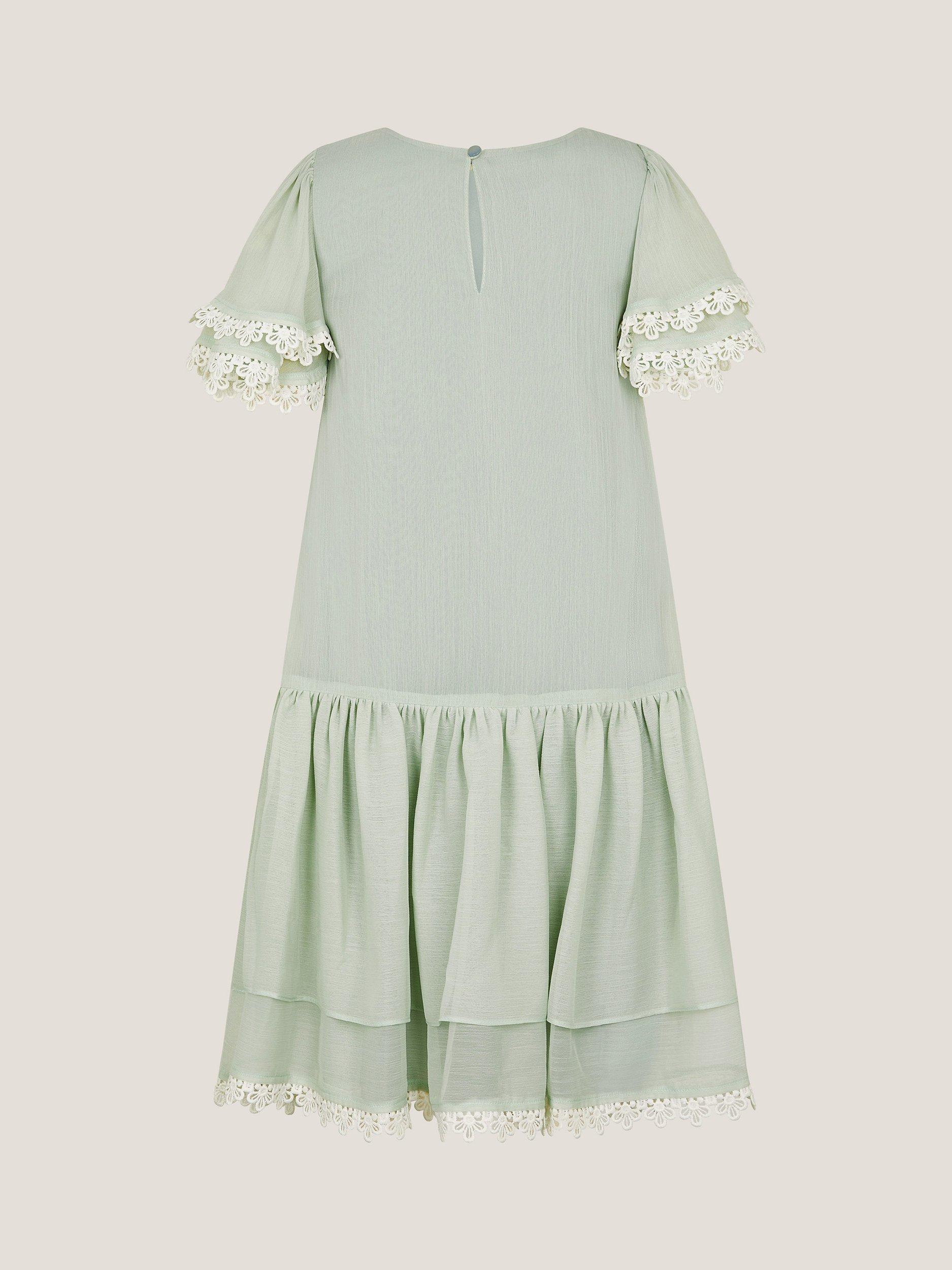 Product image 2 of 3, which shows Monsoon Kids' Antonia Short Sleeved Floral Lace Dress, Sage, 3 years