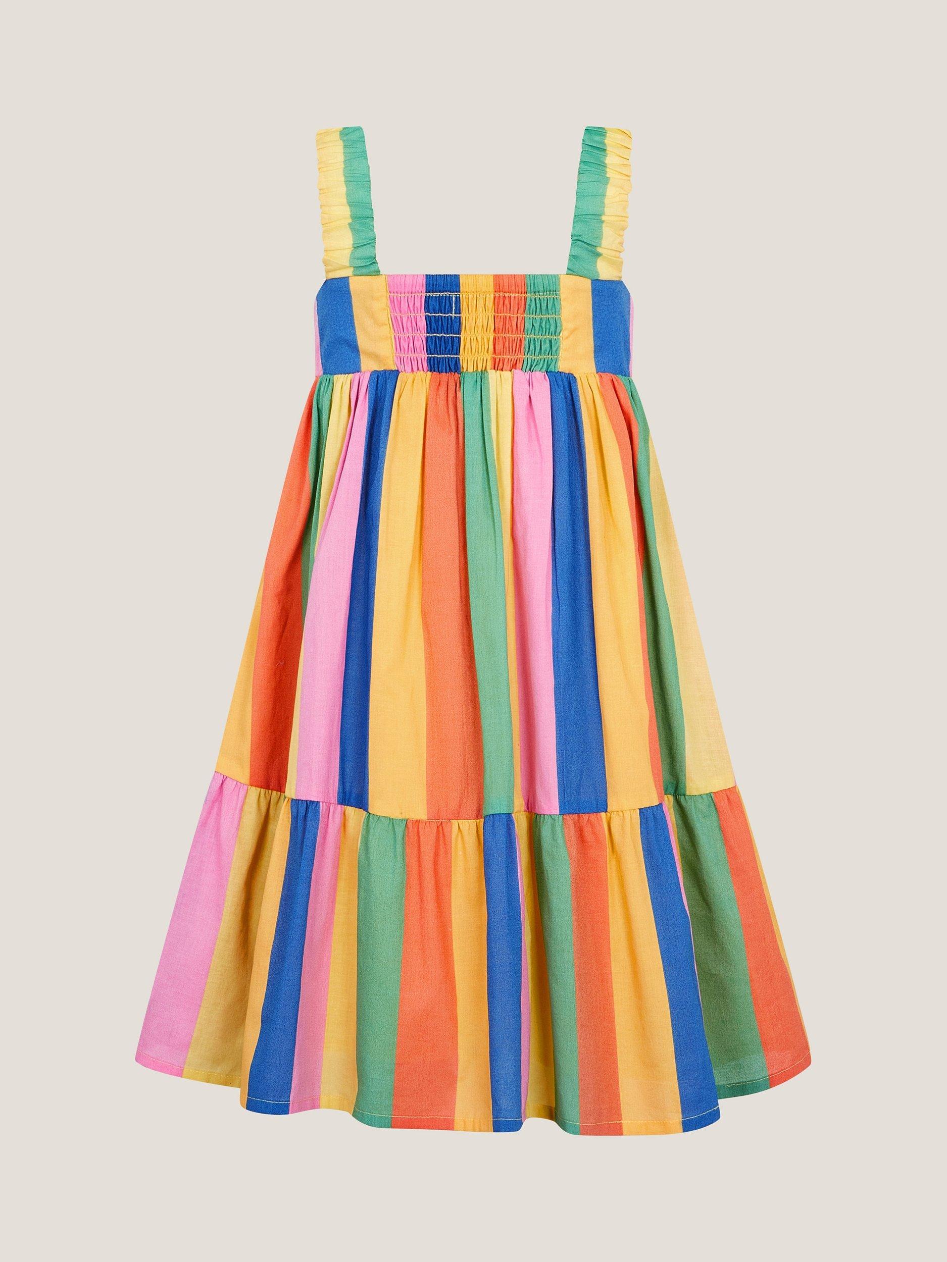 Product image 2 of 3, which shows Monsoon Kids' Cotton Sleeveless Rainbow Stripe Dress, Multi, 10 years
