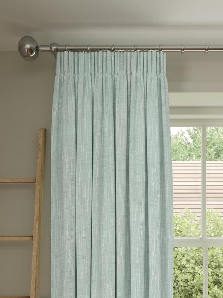 John Lewis Brushed Viscose Blend Pair Blackout Lined Pencil Pleat Curtains, Duck Egg Blue