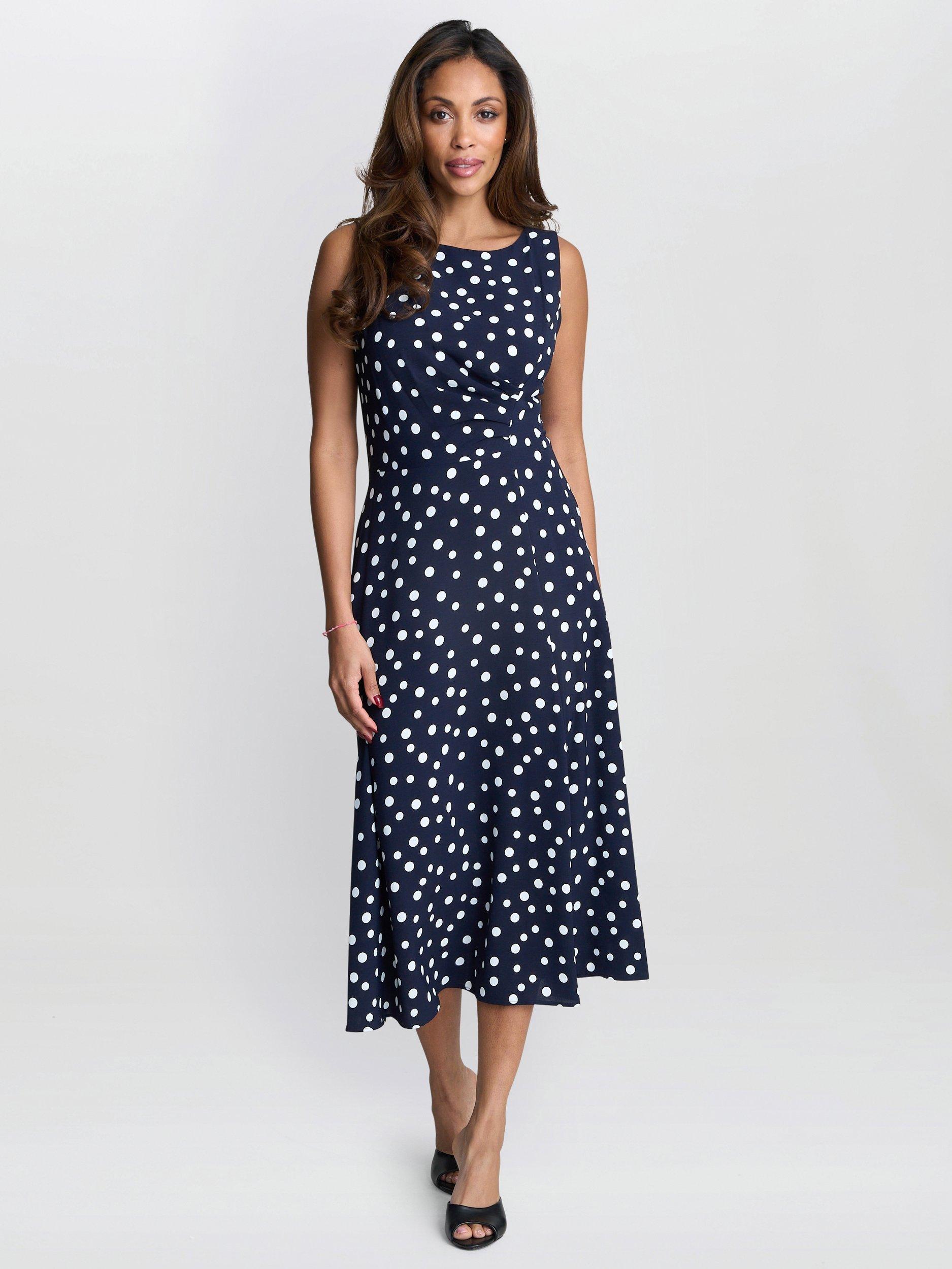 Product image 1 of 5, which shows Gina Bacconi Lacinda Polka Dot Sleeveless Dress, Navy/White, 8