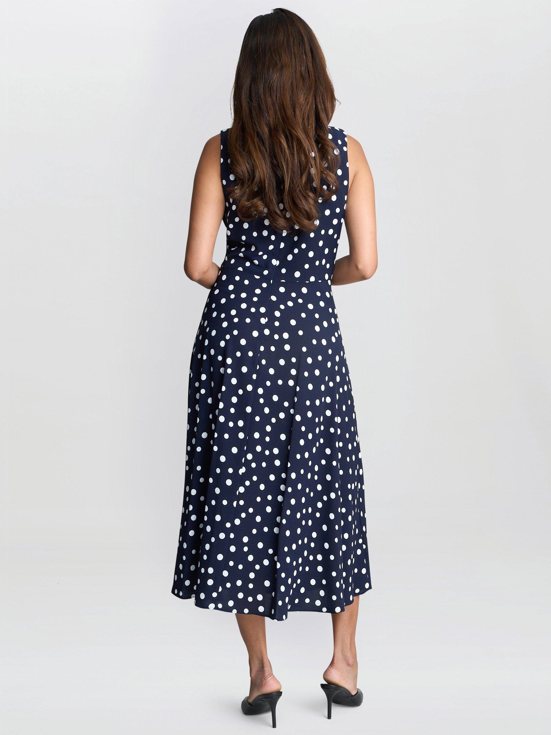 Product image 2 of 5, which shows Gina Bacconi Lacinda Polka Dot Sleeveless Dress, Navy/White, 8