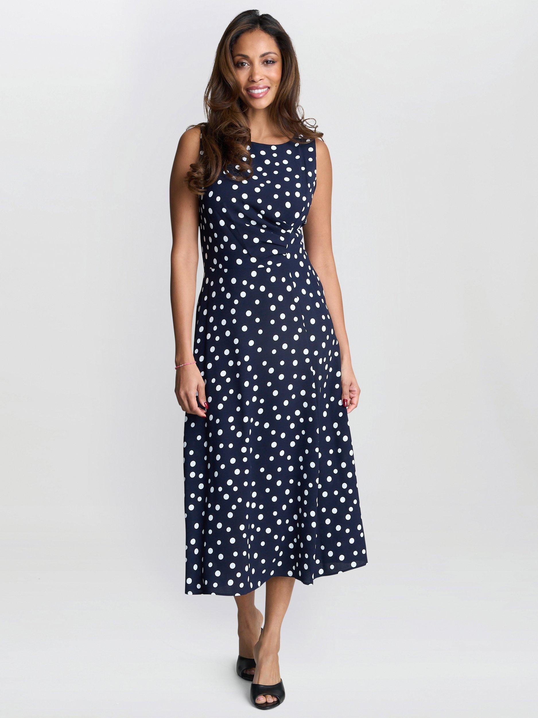 Product image 3 of 5, which shows Gina Bacconi Lacinda Polka Dot Sleeveless Dress, Navy/White, 8