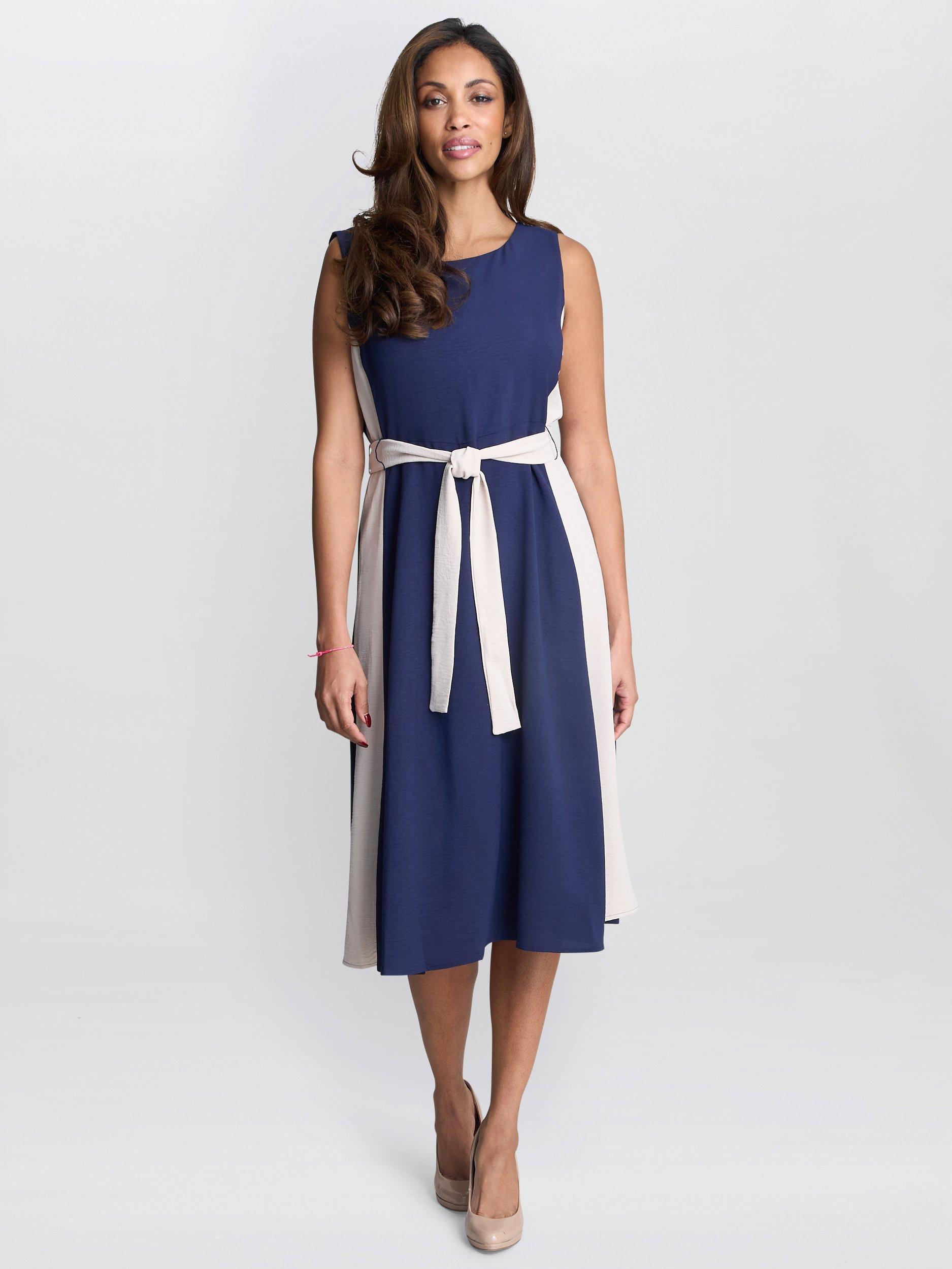Product image 1 of 6, which shows Gina Bacconi Kendall Side Stripe Dress, Navy/Cream, 8