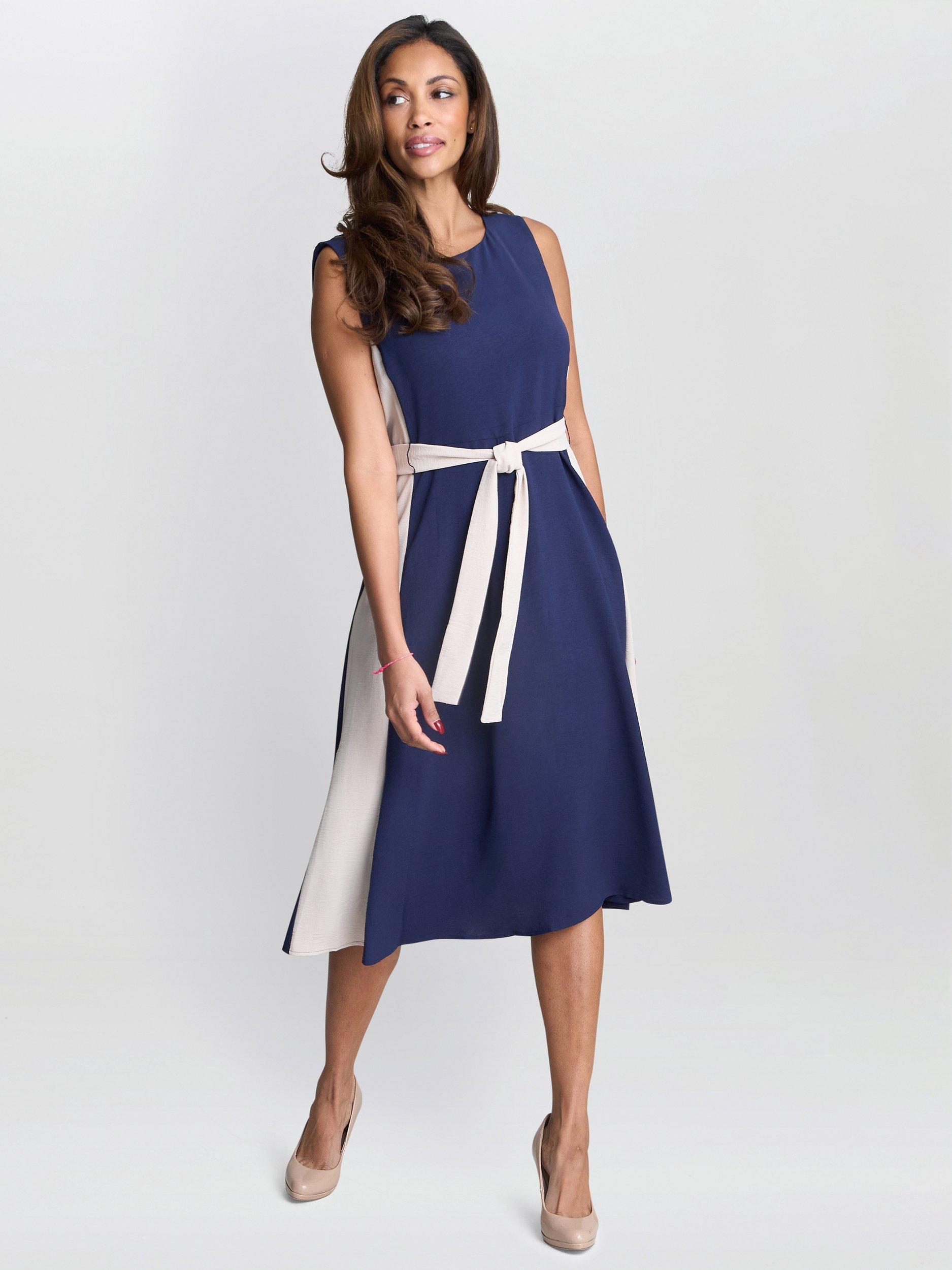 Product image 3 of 6, which shows Gina Bacconi Kendall Side Stripe Dress, Navy/Cream, 8