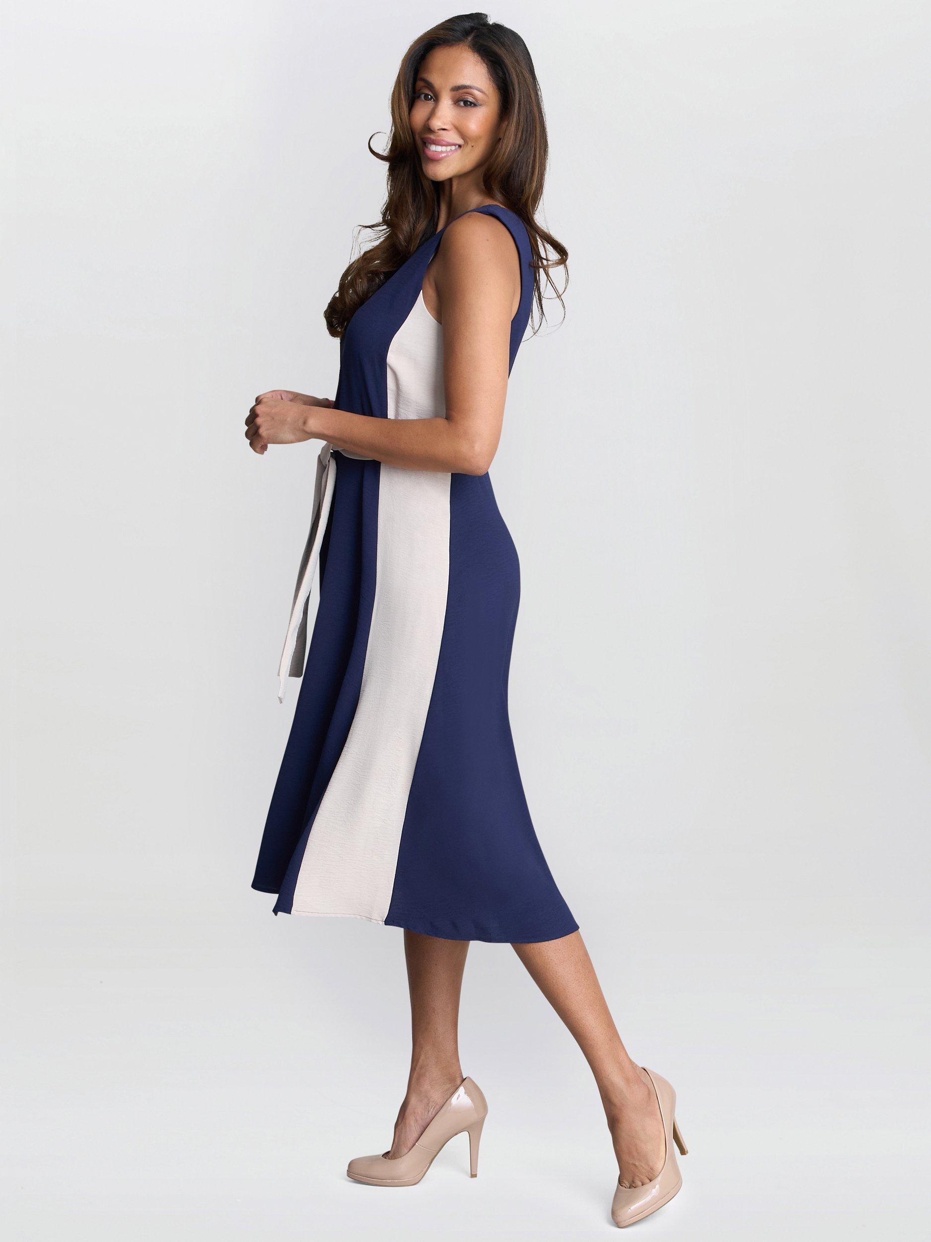 Product image 6 of 6, which shows Gina Bacconi Kendall Side Stripe Dress, Navy/Cream, 8