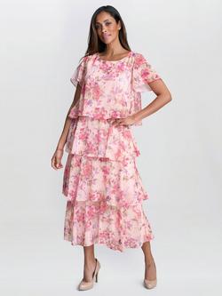 Gina Bacconi Essie Floral Tiered Dress, Peach/Multi, Peach/Multi
