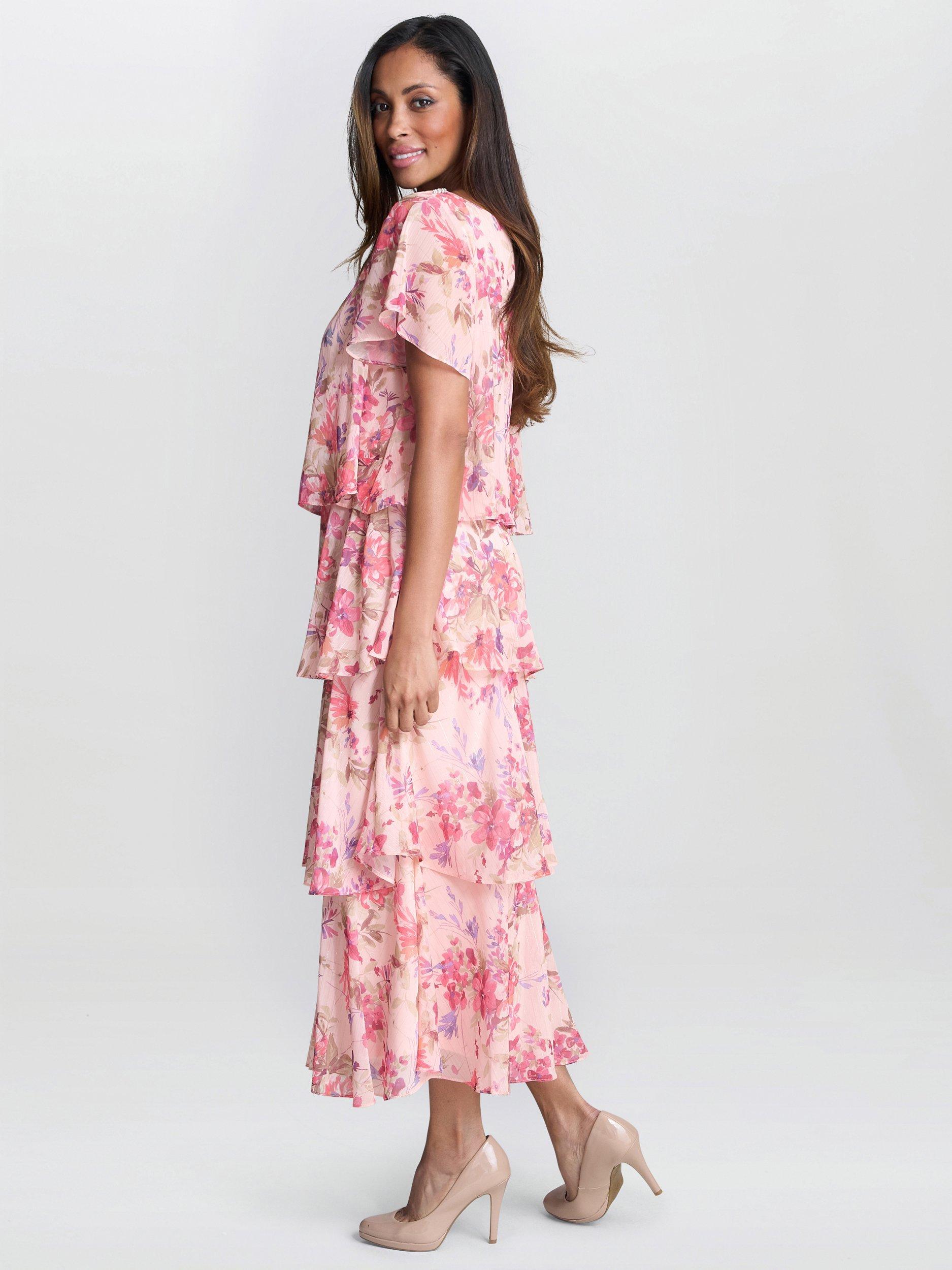 Product image 6 of 6, which shows Gina Bacconi Essie Floral Tiered Dress, Peach/Multi, 10