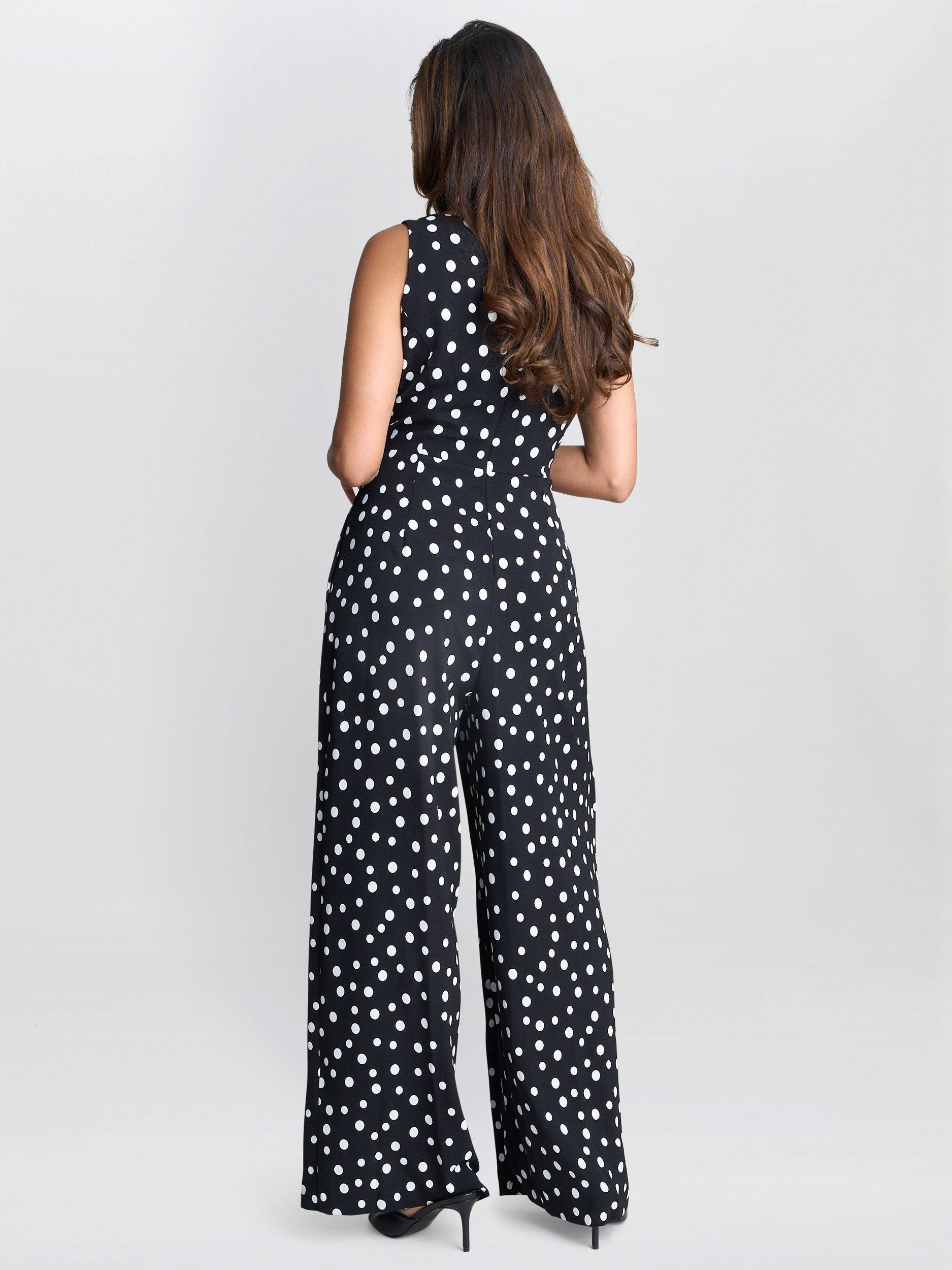 Product image 2 of 6, which shows Gina Bacconi Jolie Polka Dot Jumpsuit, Black/White, 8