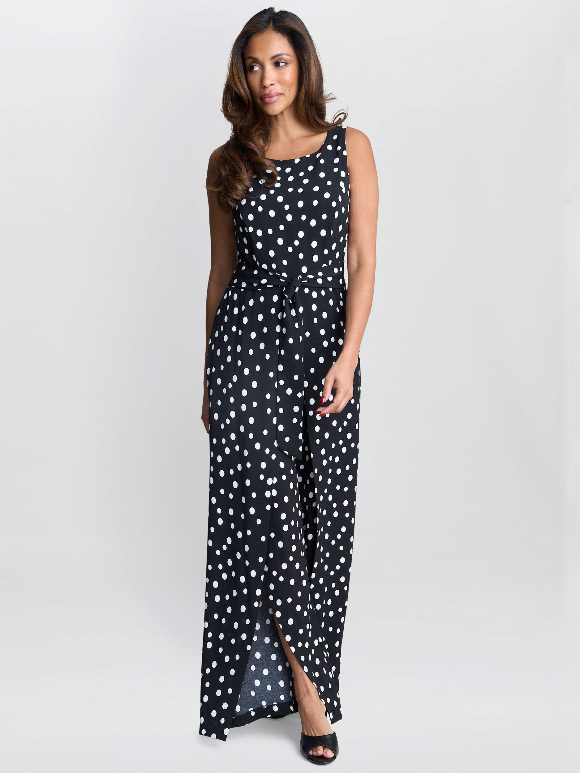 Product image 3 of 6, which shows Gina Bacconi Jolie Polka Dot Jumpsuit, Black/White, 8