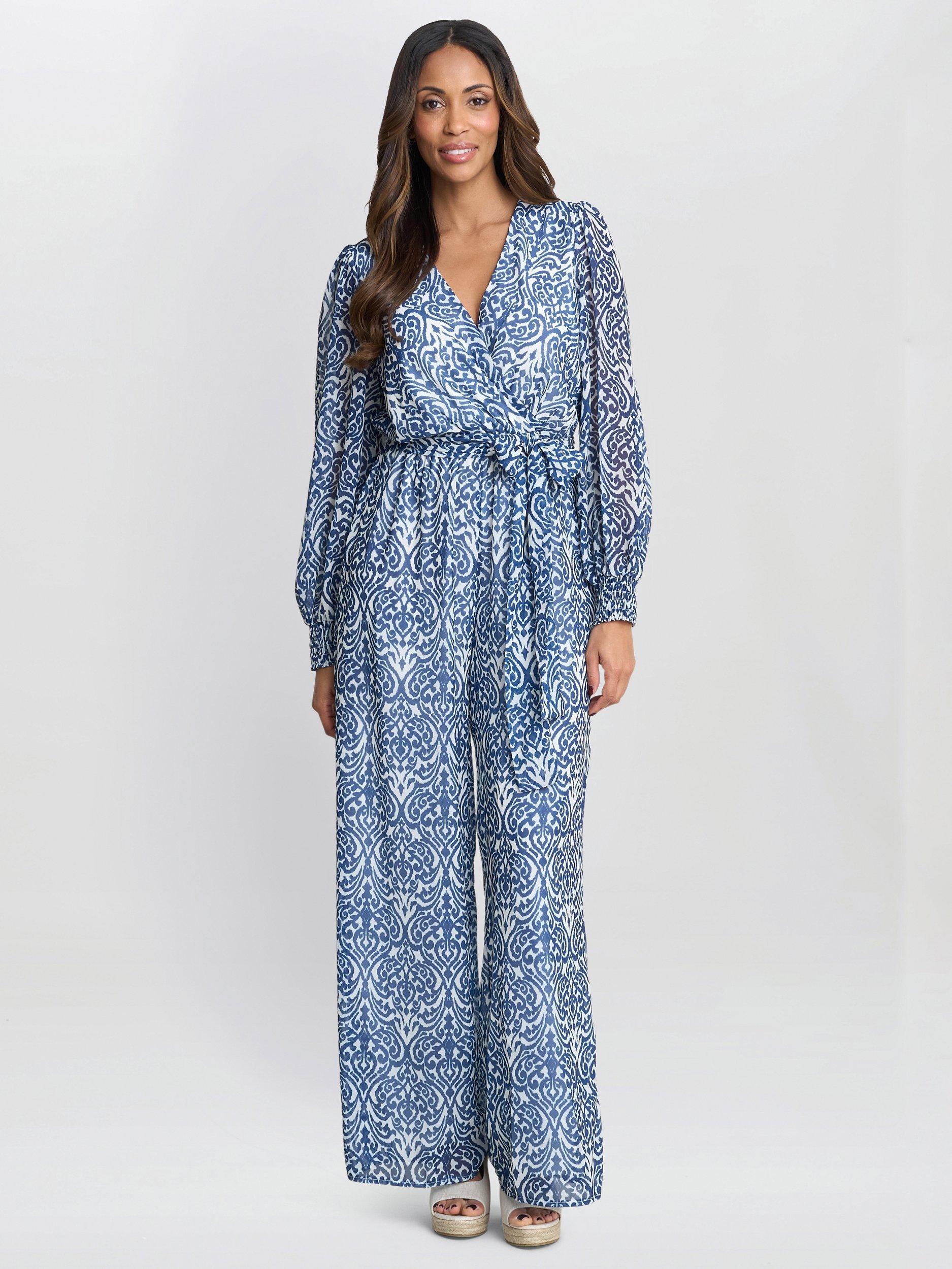 Product image 1 of 8, which shows Gina Bacconi Kourtney Abstract Chiffon Jumpsuit, Blue, S