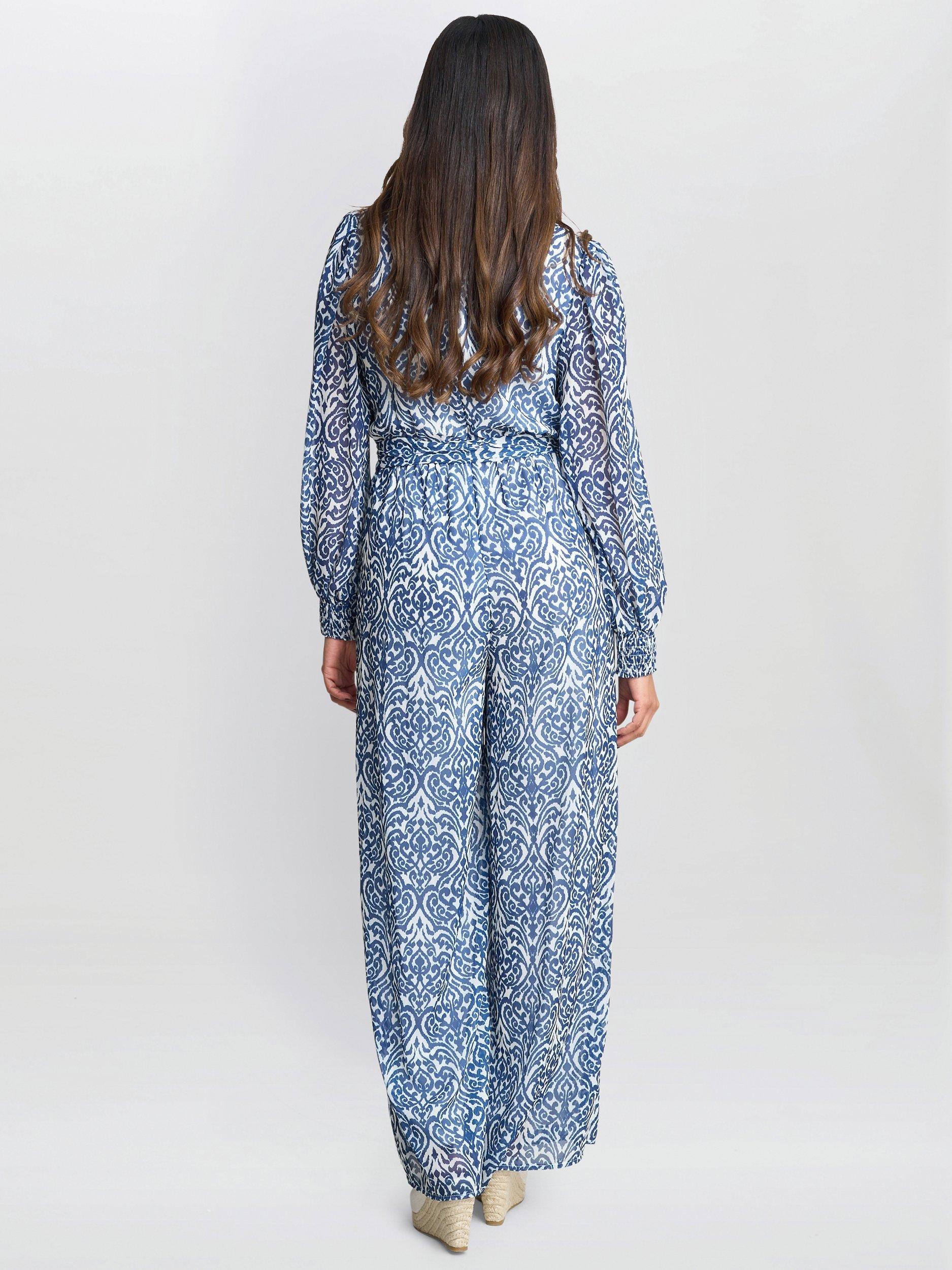 Product image 2 of 8, which shows Gina Bacconi Kourtney Abstract Chiffon Jumpsuit, Blue, S