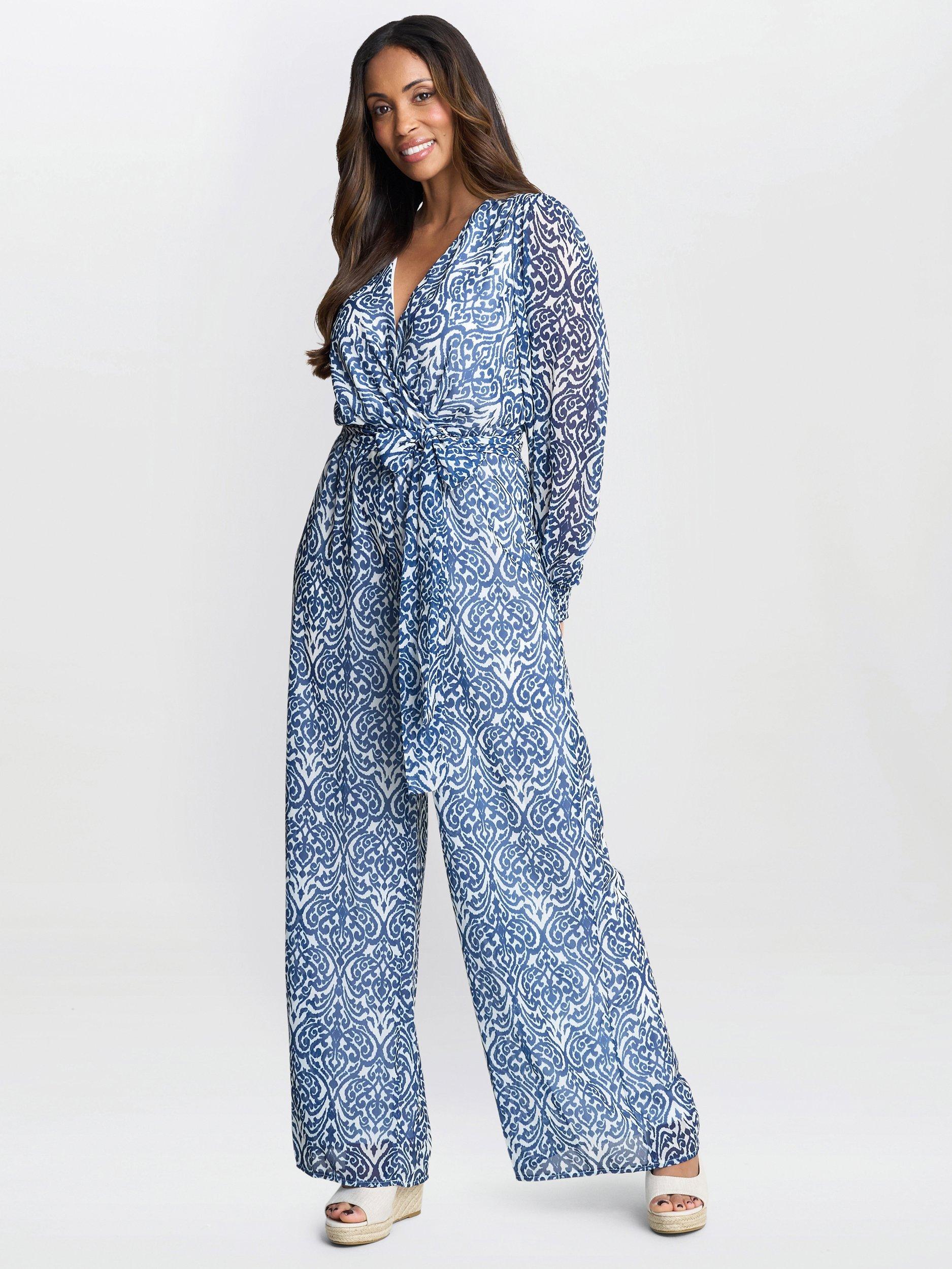 Product image 3 of 8, which shows Gina Bacconi Kourtney Abstract Chiffon Jumpsuit, Blue, S