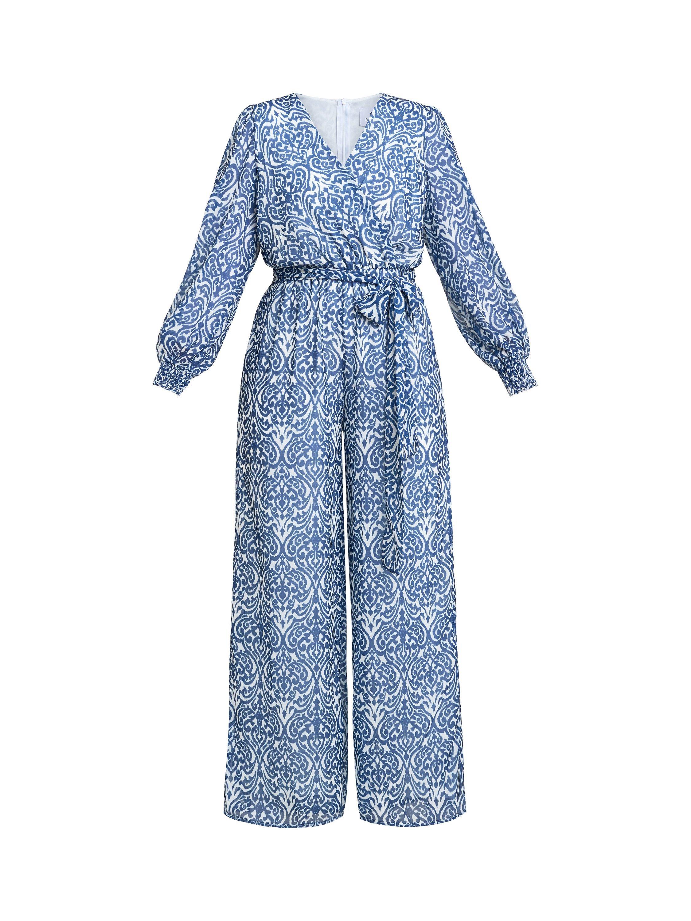 Product image 4 of 8, which shows Gina Bacconi Kourtney Abstract Chiffon Jumpsuit, Blue, S