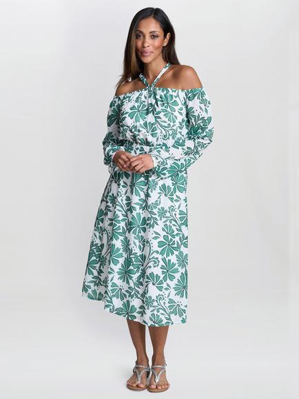 Gina Bacconi Ryan Long Sleeve Off Shoulder Midi Dress, Green/White, Green/White