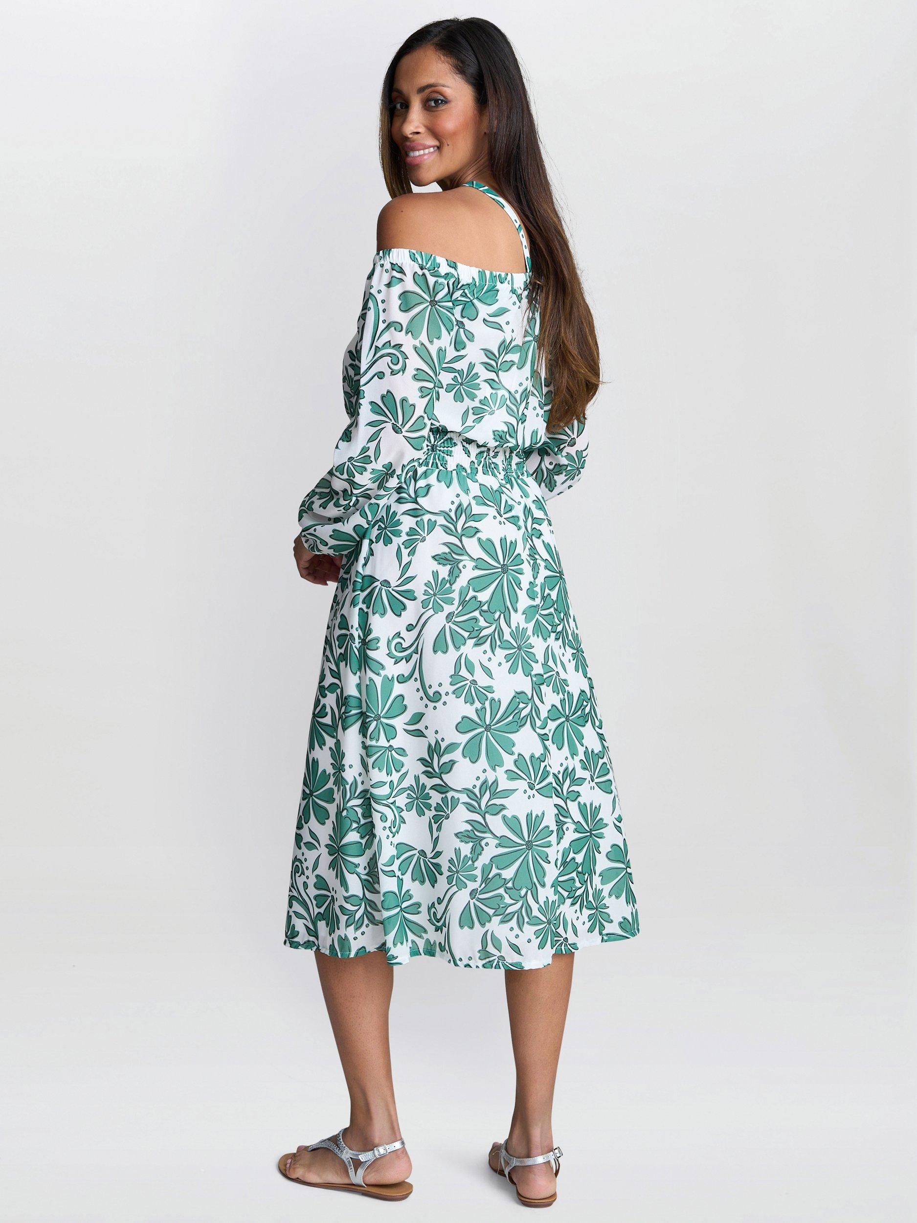 Product image 2 of 5, which shows Gina Bacconi Ryan Long Sleeve Off Shoulder Midi Dress, Green/White, 8|10