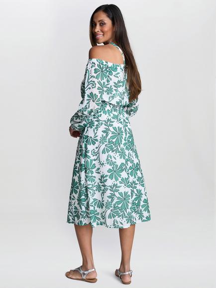 Gina Bacconi Ryan Long Sleeve Off Shoulder Midi Dress, Green/White - view 2, Green/White