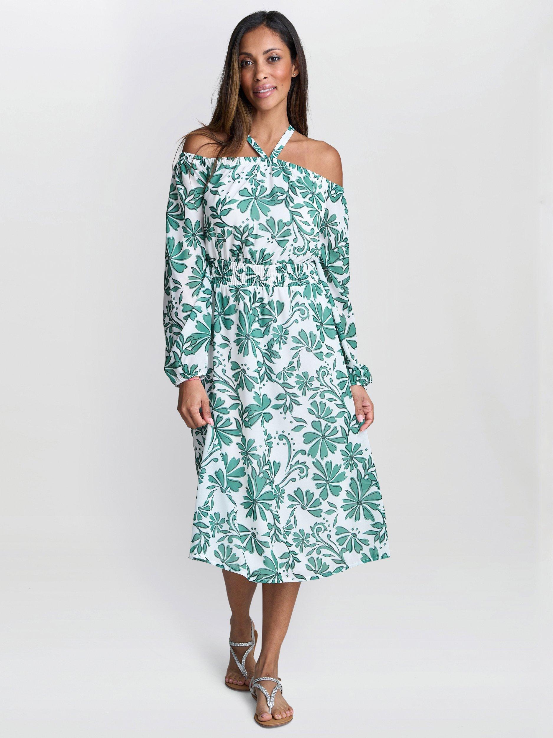 Product image 3 of 5, which shows Gina Bacconi Ryan Long Sleeve Off Shoulder Midi Dress, Green/White, 8|10